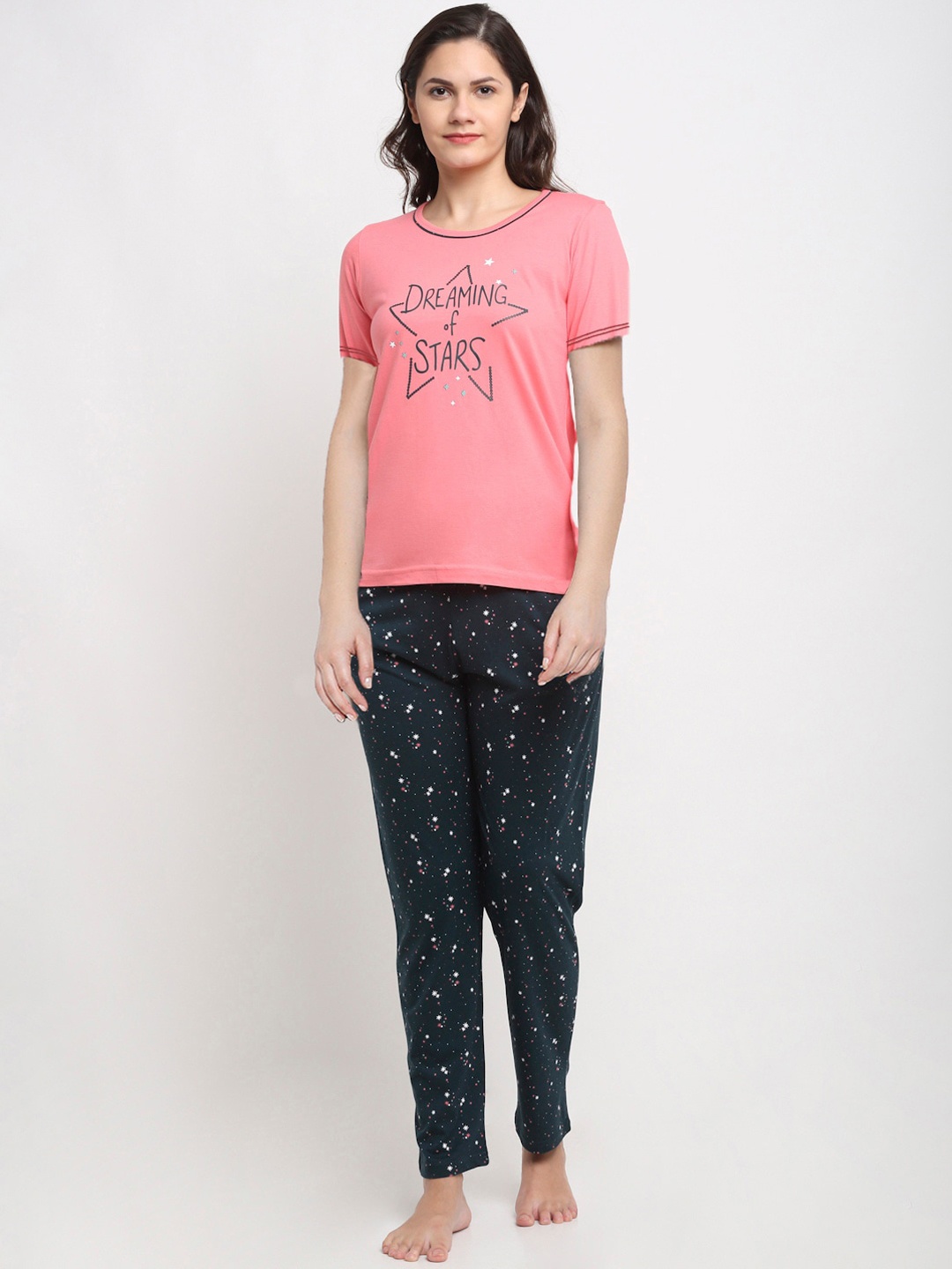 

Kanvin Women Peach-Coloured & Black Printed Pure Cotton Night suit