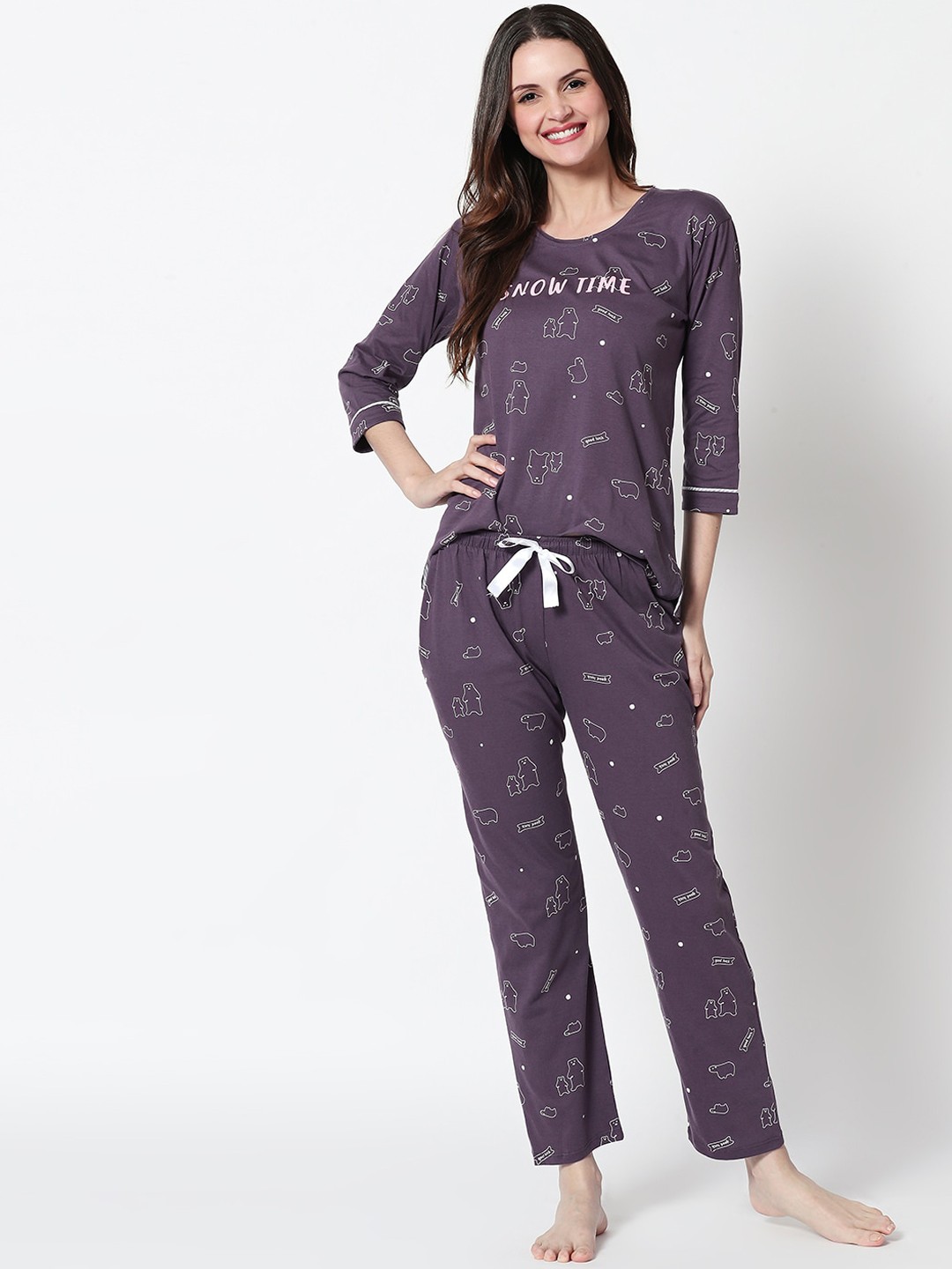 

Zeyo Women Purple & White Pure Cotton Plus Size Printed Night Suit