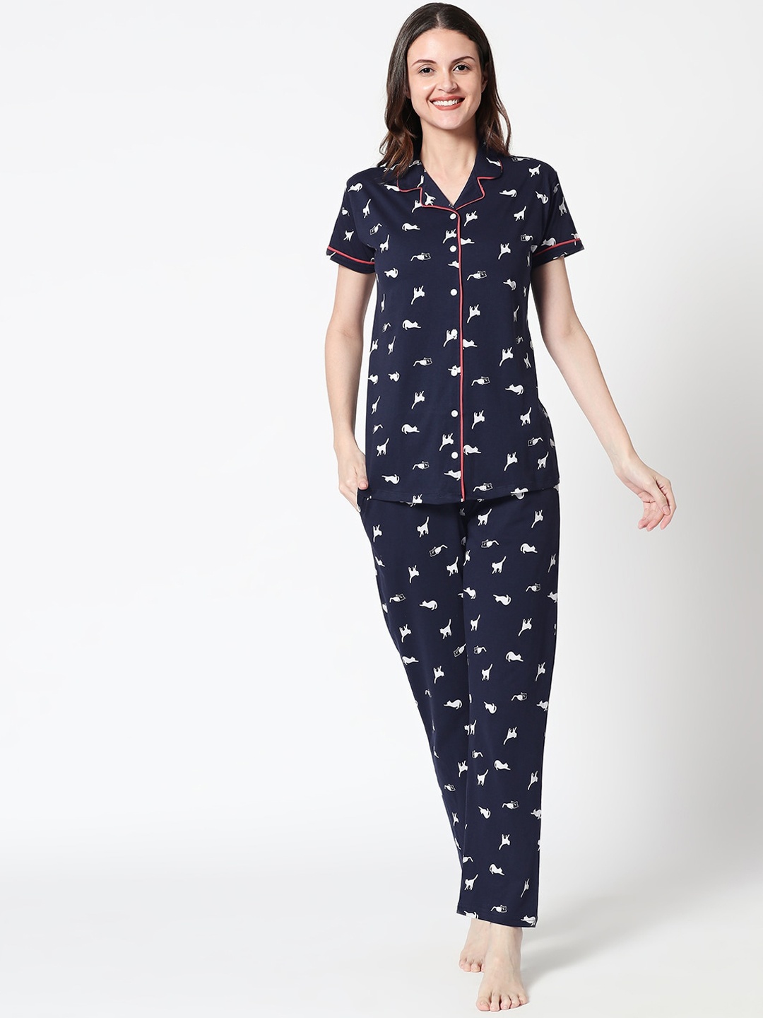 

Zeyo Women Navy Blue & White Printed Pure Cotton Night suit