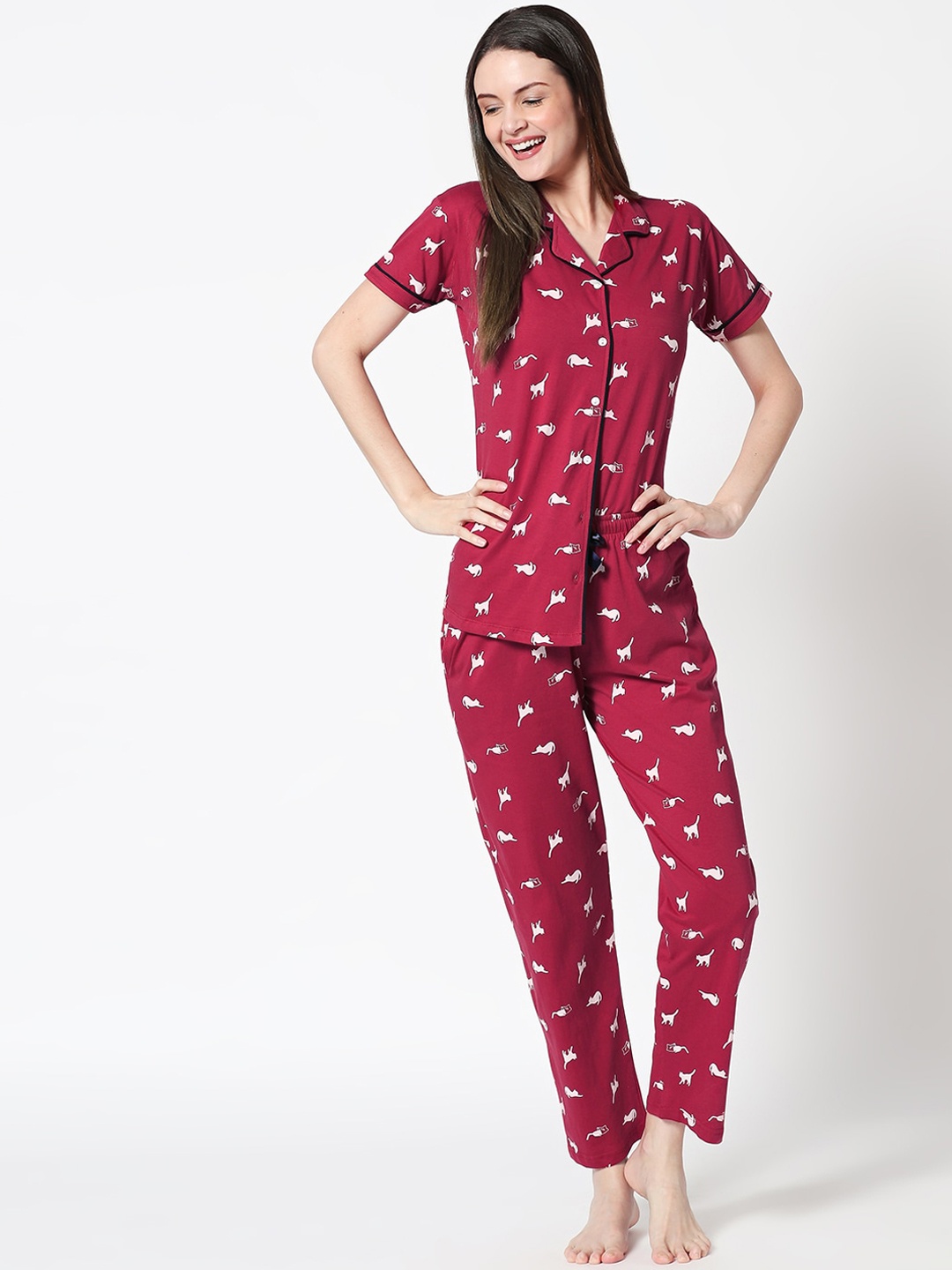 

Zeyo Women Red & White Conversational Printed Pure Cotton Night Suit