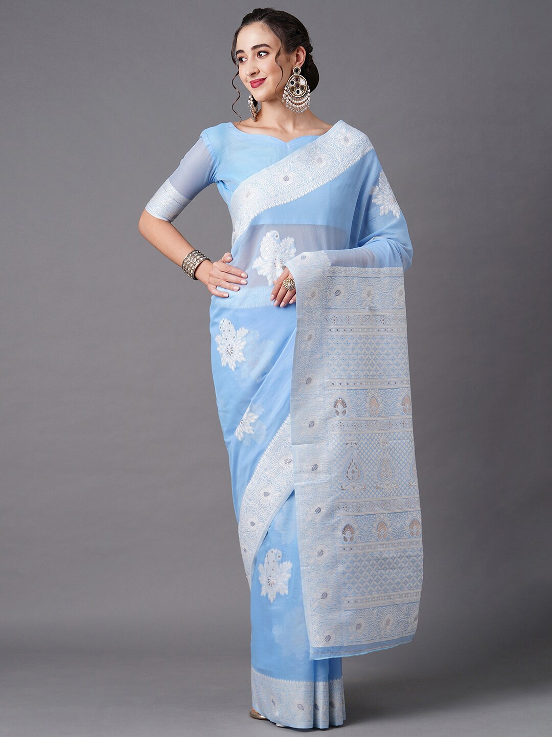 

Mitera Blue & Silver-Toned Floral Silk Blend Banarasi Saree