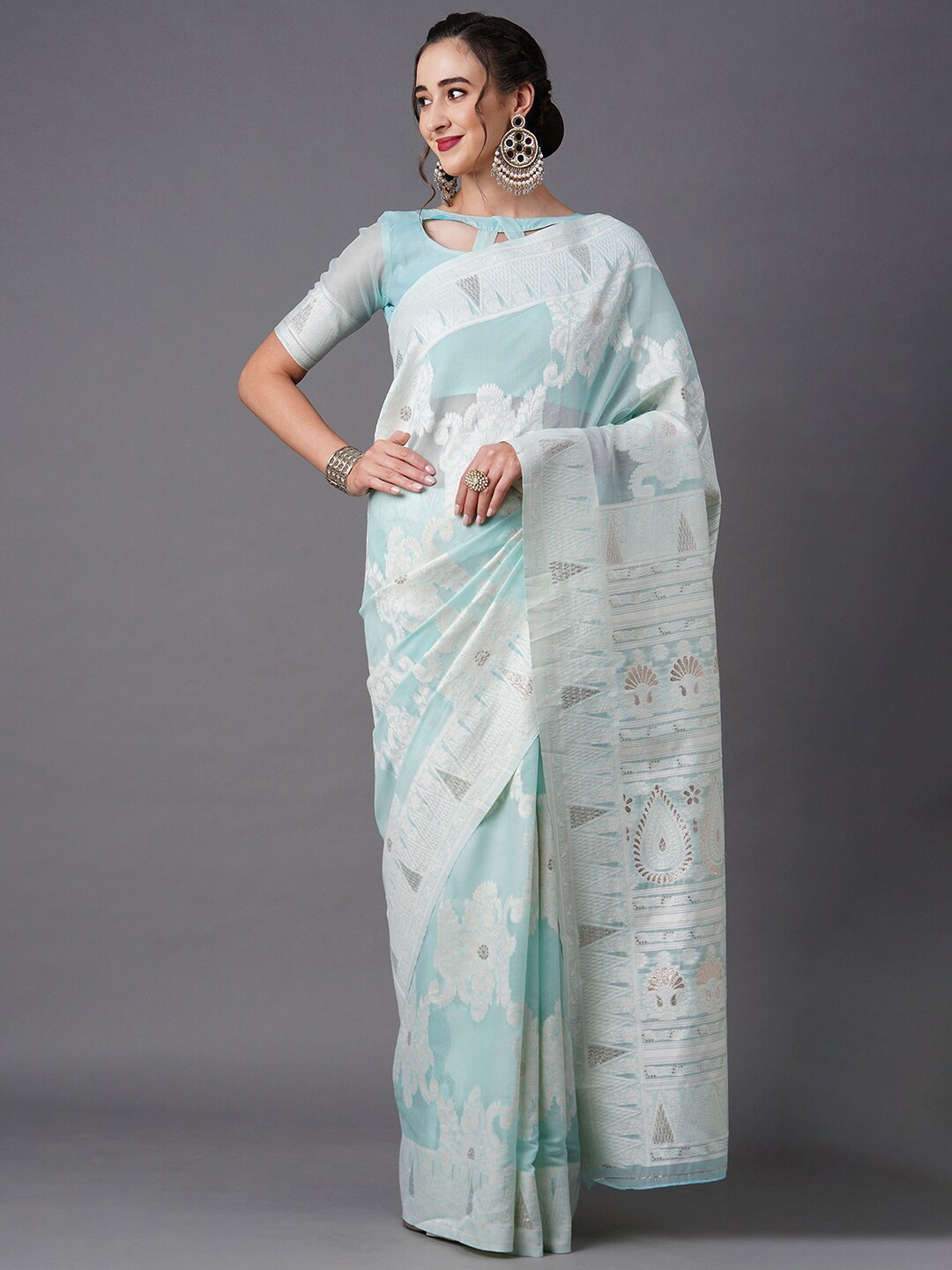

Mitera Sea Green & Silver-Toned Woven Design Zari Silk Blend Banarasi Saree