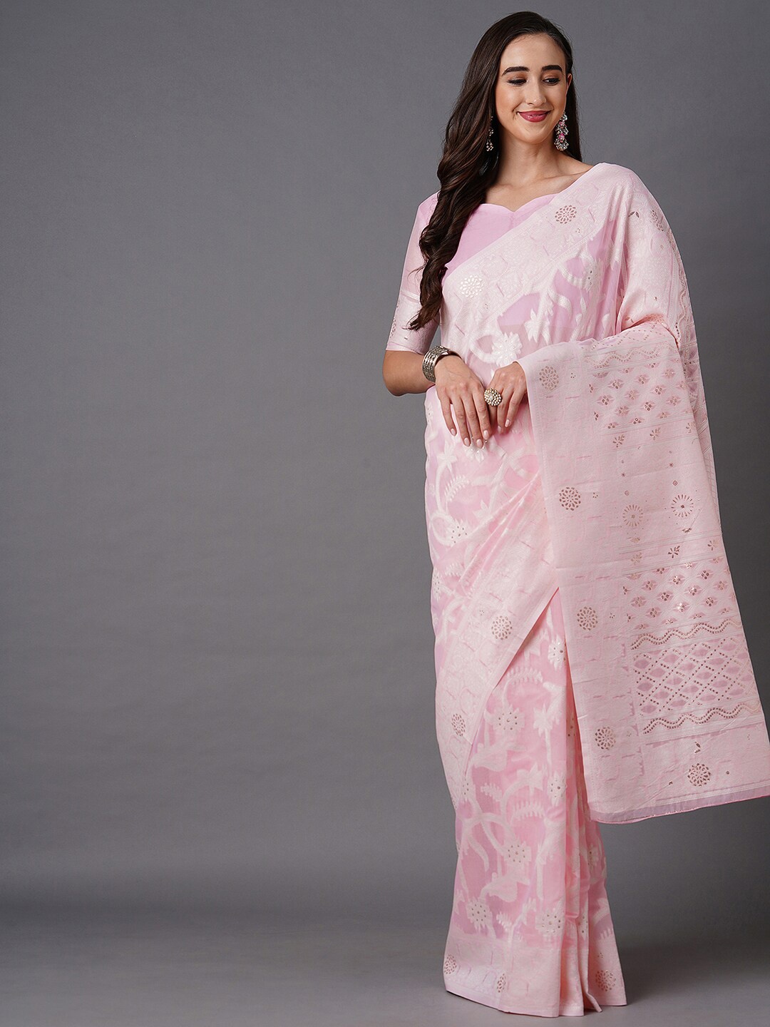 

Mitera Pink & Silver-Toned Floral Zari Silk Blend Banarasi Saree