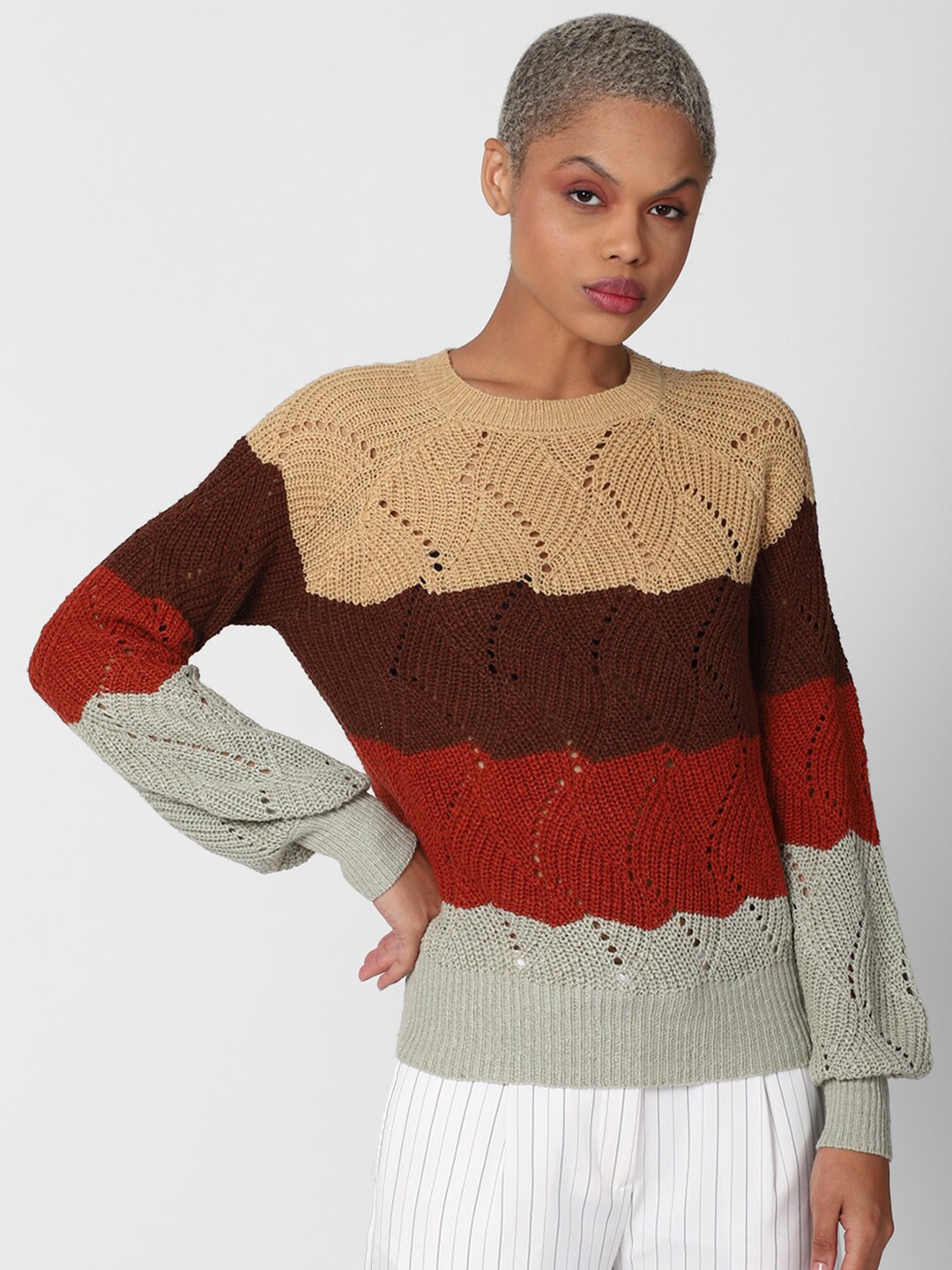 

FOREVER 21 Women Tan & Brown Cable Knit Colourblocked Pullover