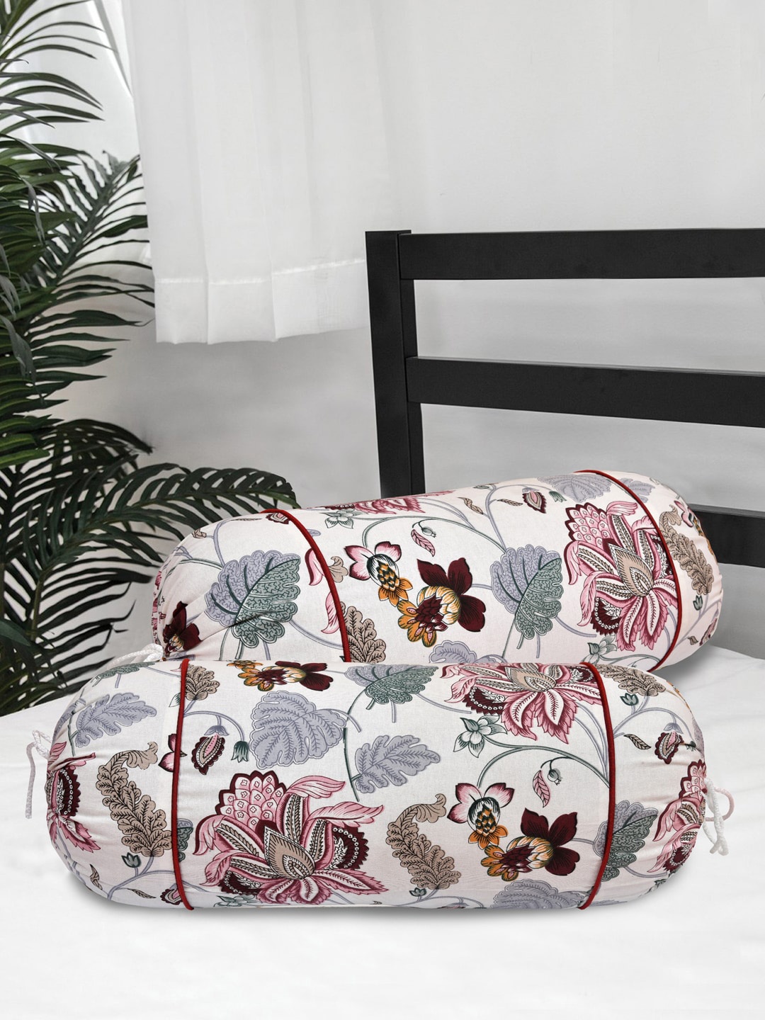 

Clasiko Set Of 2 White & Pink Floral Printed 220 TC Cotton Bolster Cover