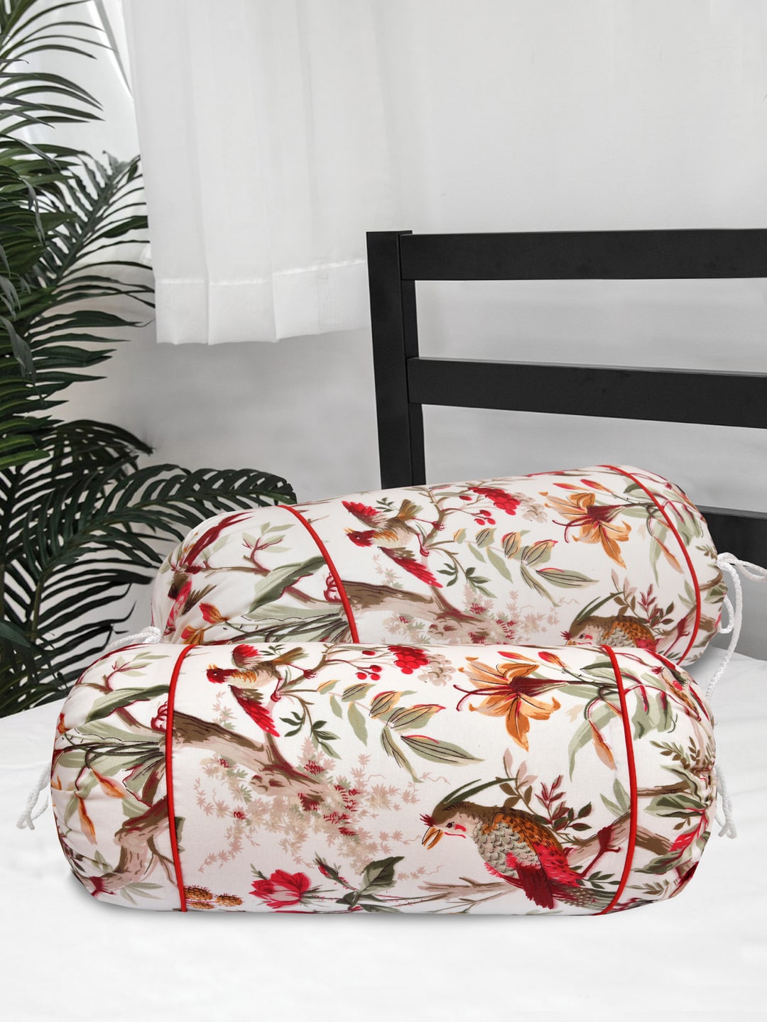 

Clasiko Set Of 2 Off-White & Red Printed 220 TC Cotton Bolster Cover