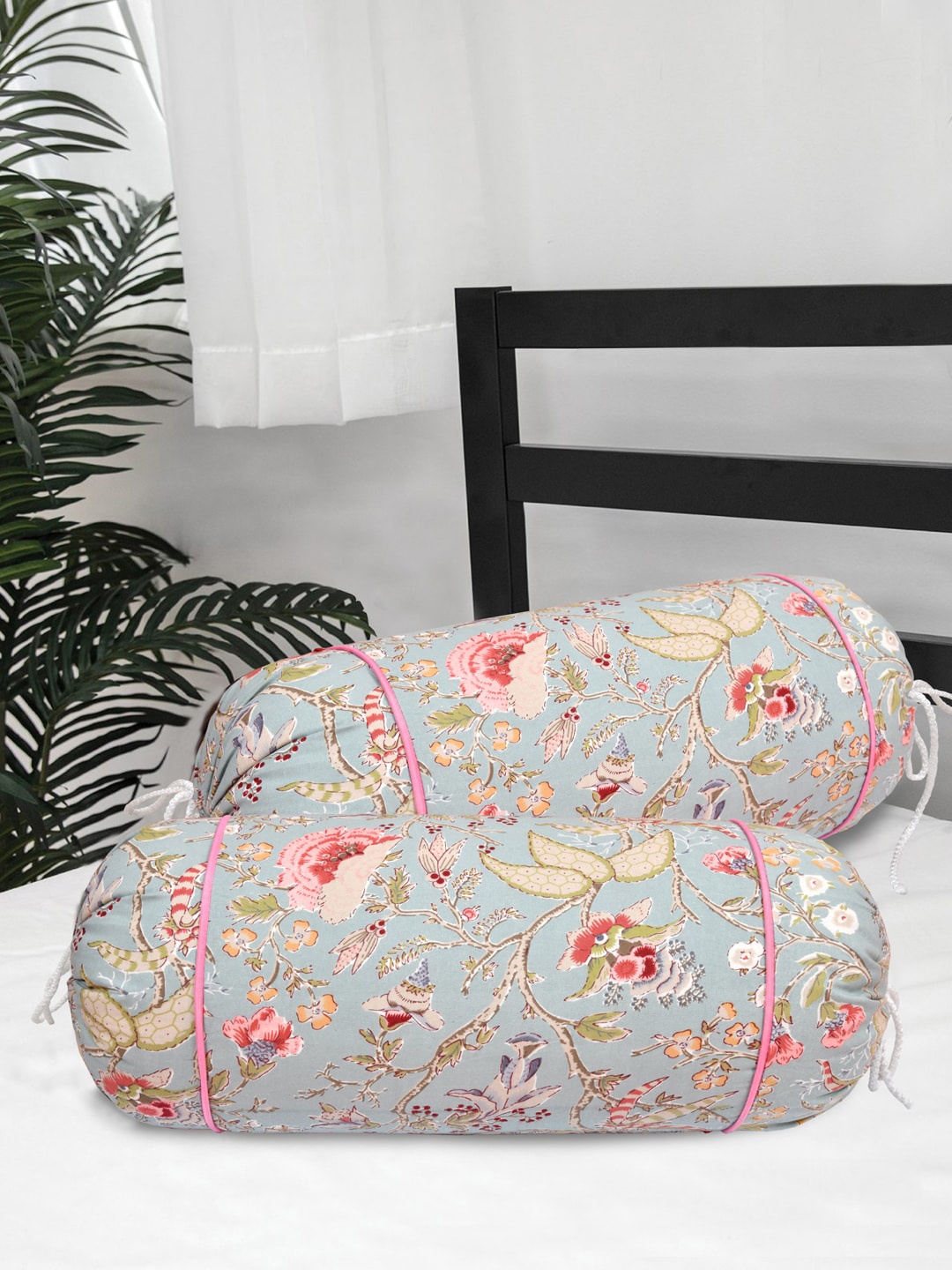 

Clasiko Set of 2 Green & Pink Printed Cotton 220 TC Bolster Covers