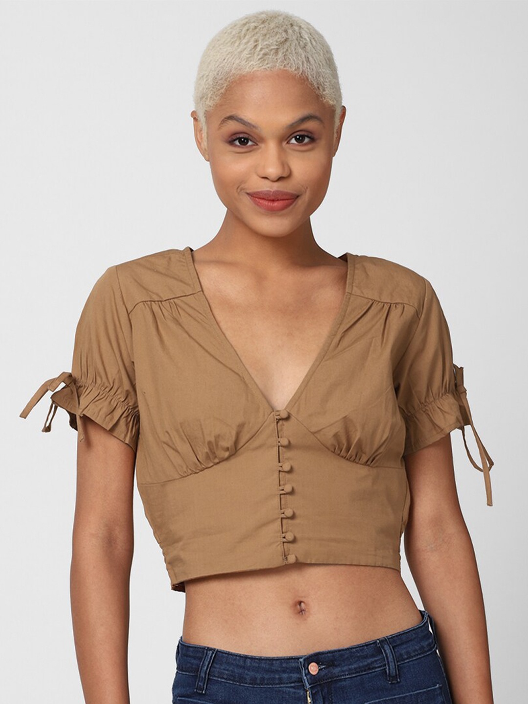 

FOREVER 21 Brown Roll-Up Sleeves Pure Cotton Crop Top