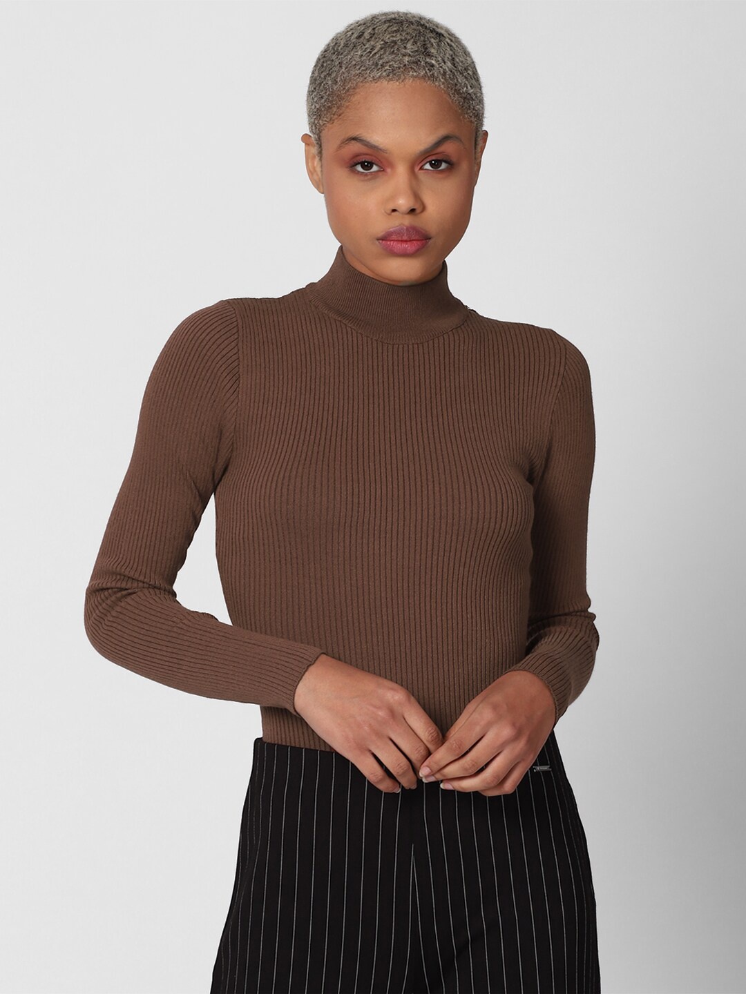 

FOREVER 21 Brown Textured Fitted Knit Pure Cotton Top