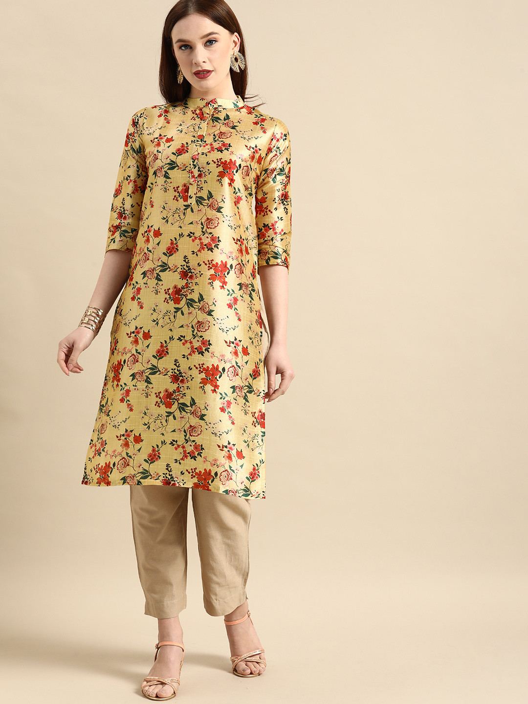 

all about you Women Mustard Yellow & Red Floral Print Chanderi Silk Blend Straight Kurta