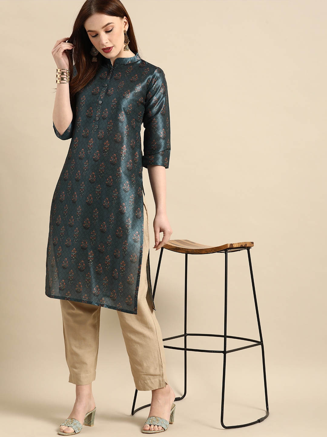 

all about you Women Teal Blue Floral Block Print Mandarin Collar Chanderi Silk Blend Kurta