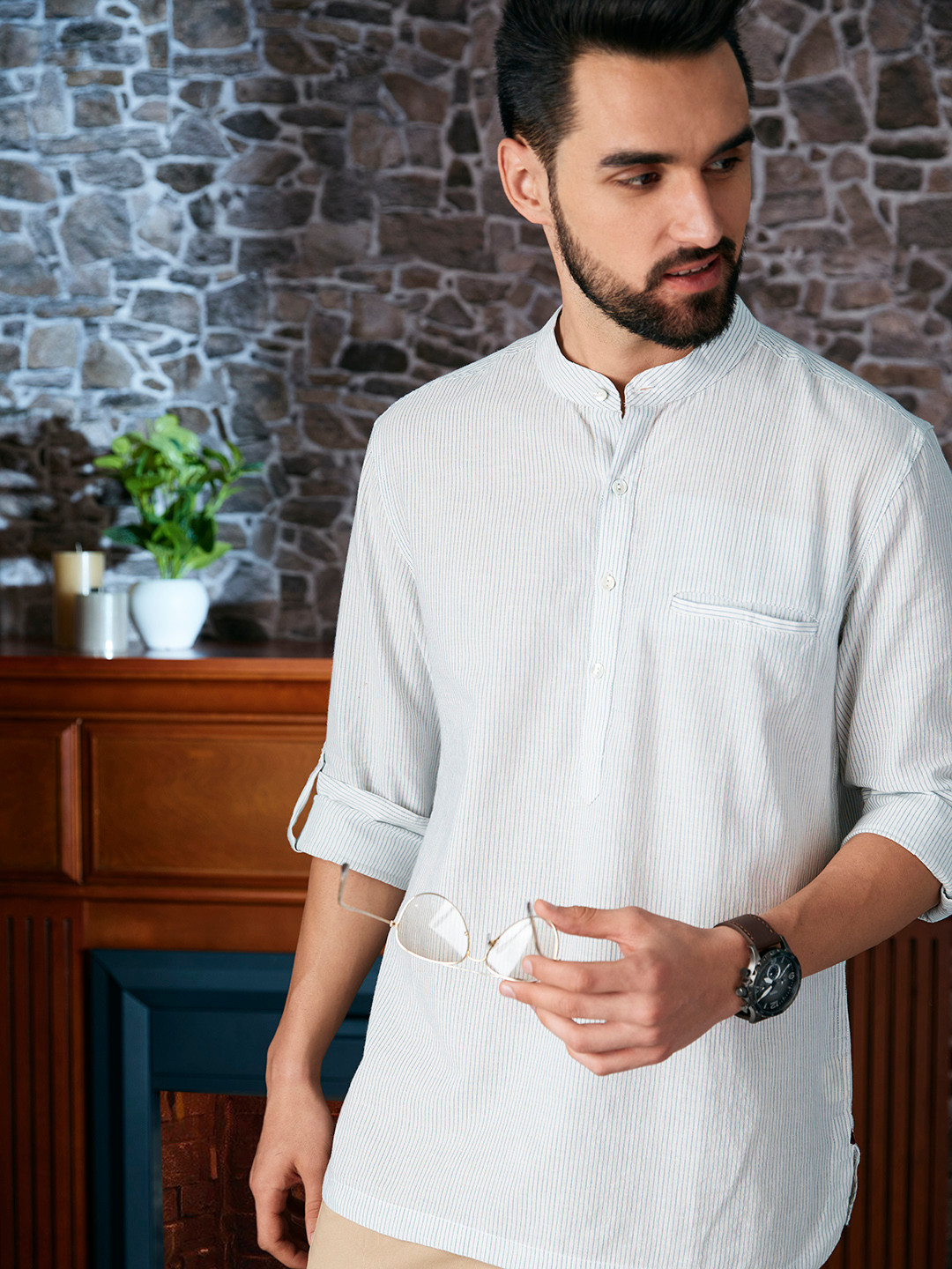 

Fabindia Men Navy Blue & White Pure Cotton Striped Kurta