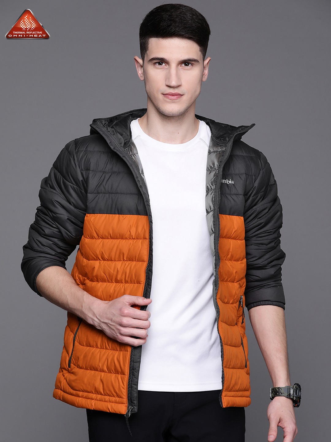 

Columbia Men Orange Grey Colourblocked Insulator Outdoor Hiking Padded Jacket