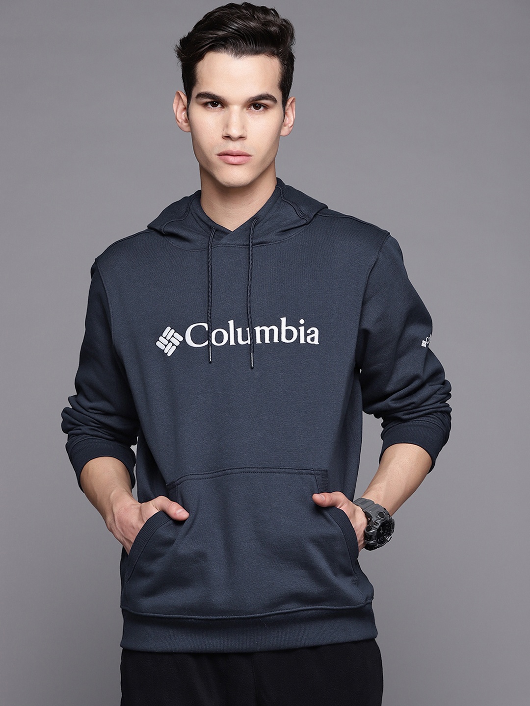 Columbia Men Navy Blue Printed Hooded Sweatshirt
