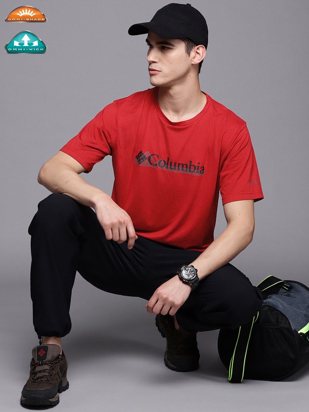 

Columbia Men Red Brand Logo Printed Omni-Wick & Omni-Shade Hiking T-shirt