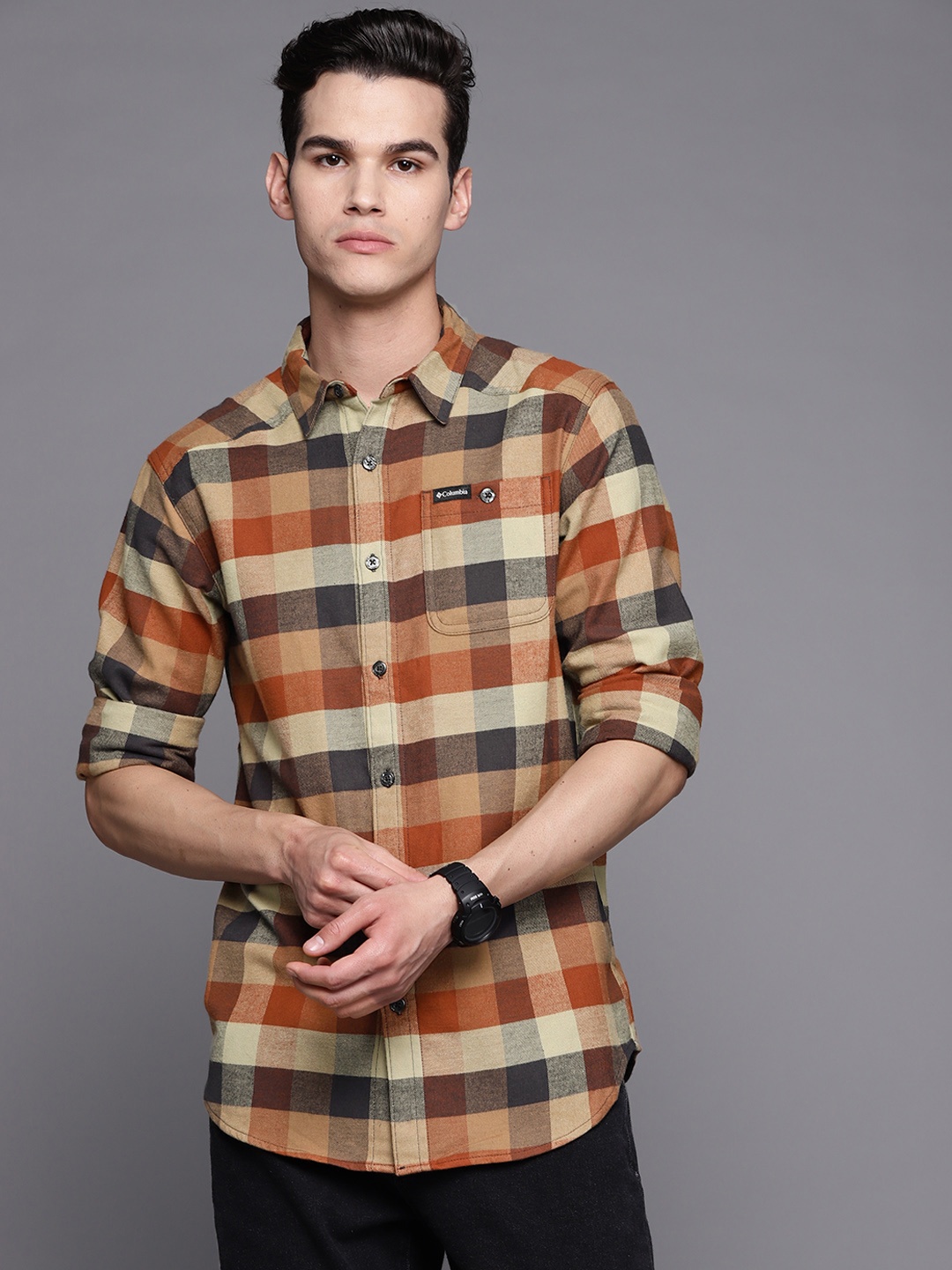 Columbia Men Brown Buffalo Checks Checked Hiking Shirt