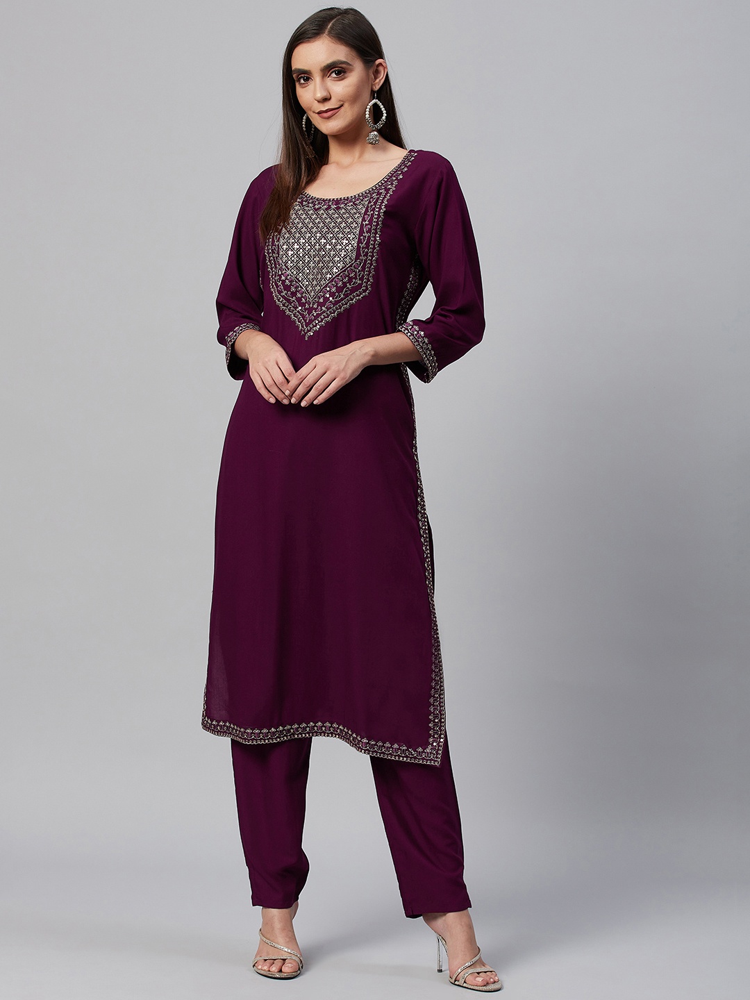 

HIGHLIGHT FASHION EXPORT Women Maroon Yoke Design Kurta with Trousers