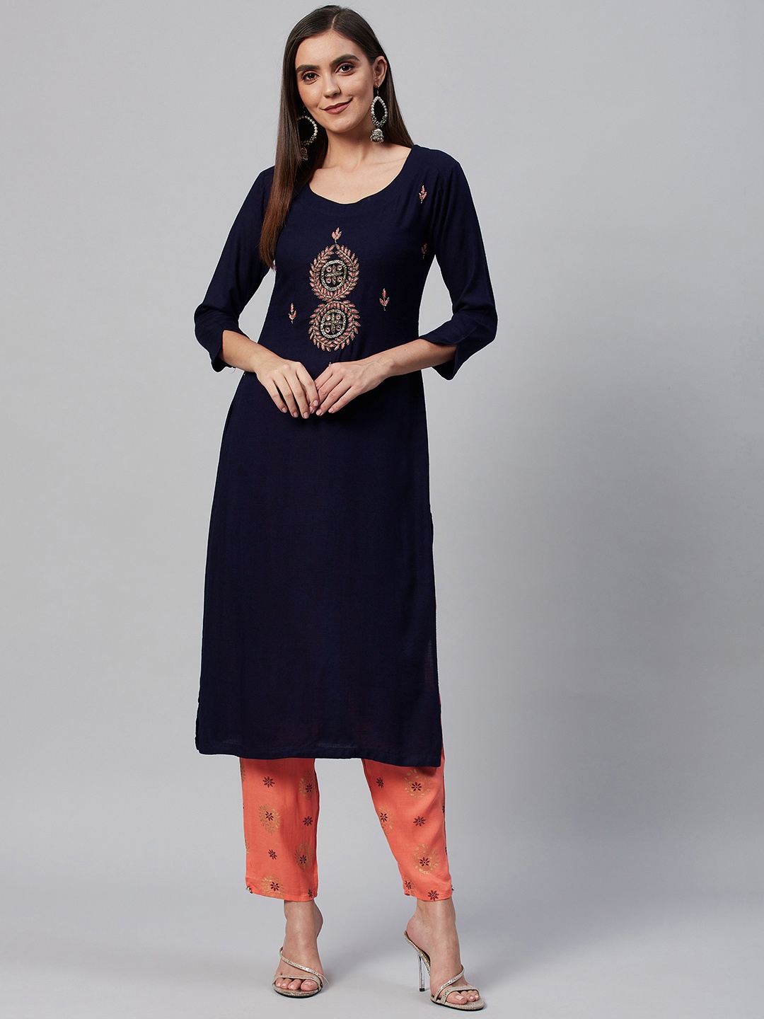 

HIGHLIGHT FASHION EXPORT Women Navy Blue Yoke Design Kurta with Trousers