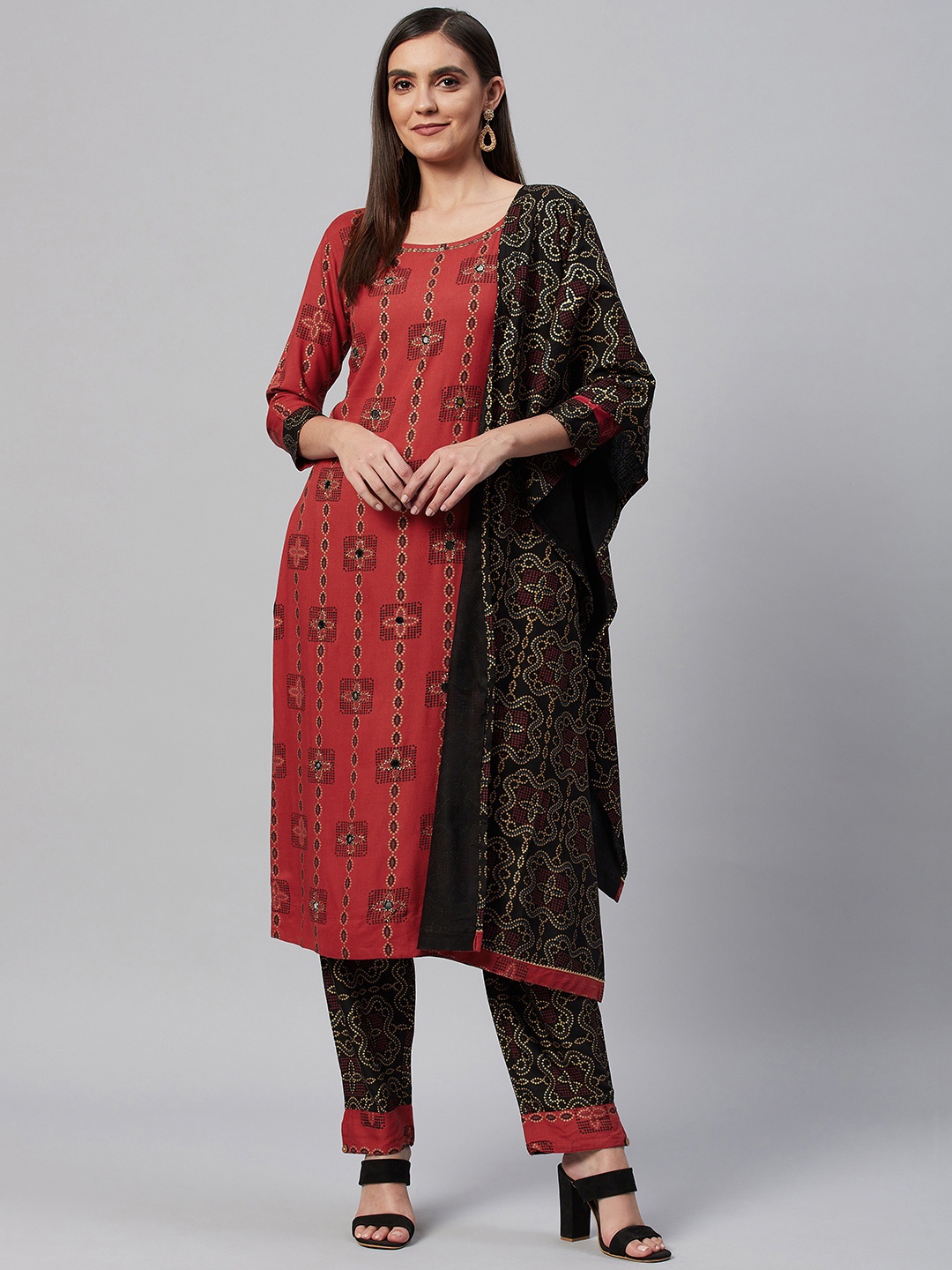 

HIGHLIGHT FASHION EXPORT Women Red Printed Pure Cotton Kurta with Trousers & Dupatta