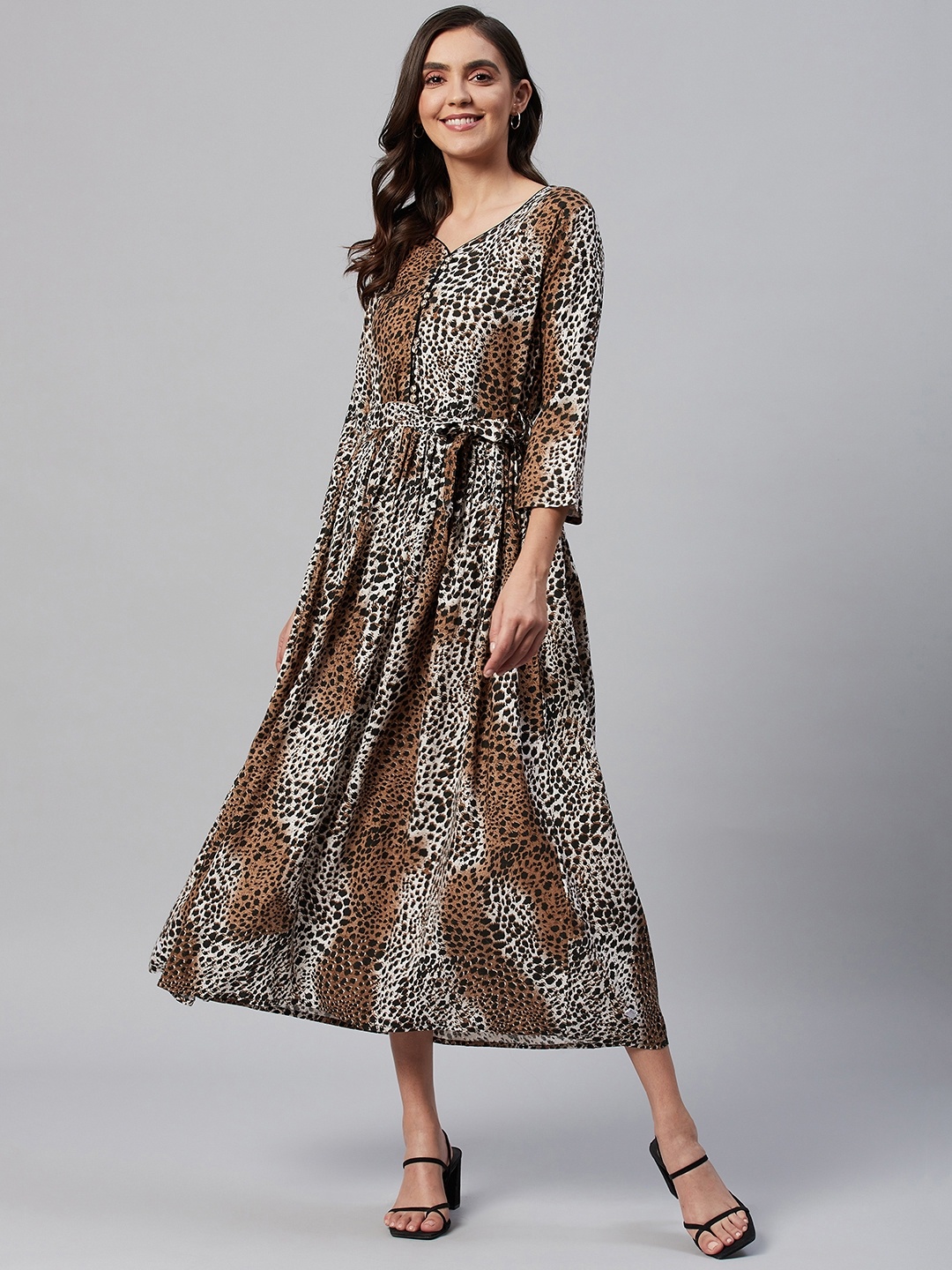 

HIGHLIGHT FASHION EXPORT Brown & Black Cotton Animal Print Maxi Dress