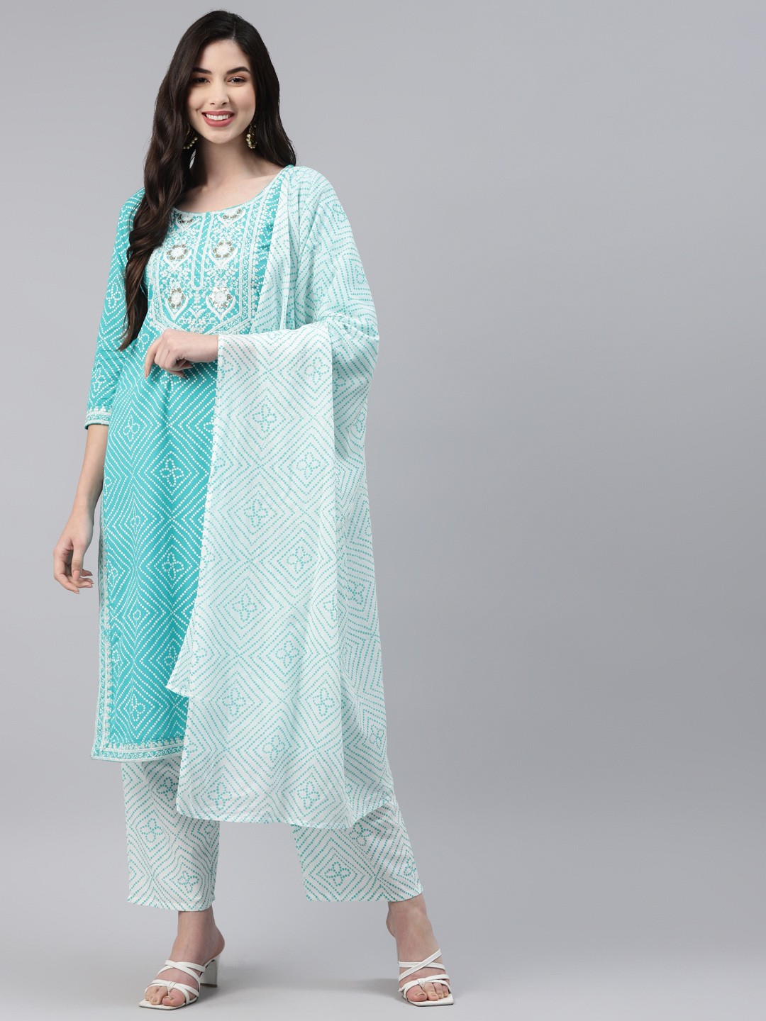 

HIGHLIGHT FASHION EXPORT Women Blue Ethnic Motifs Embroidered Pure Cotton Kurta with Trousers & With Dupatta