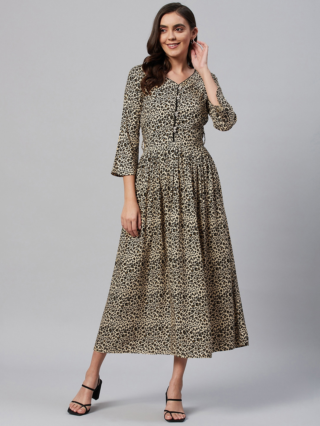 

HIGHLIGHT FASHION EXPORT Beige & Black Cotton Animal Print Maxi Dress
