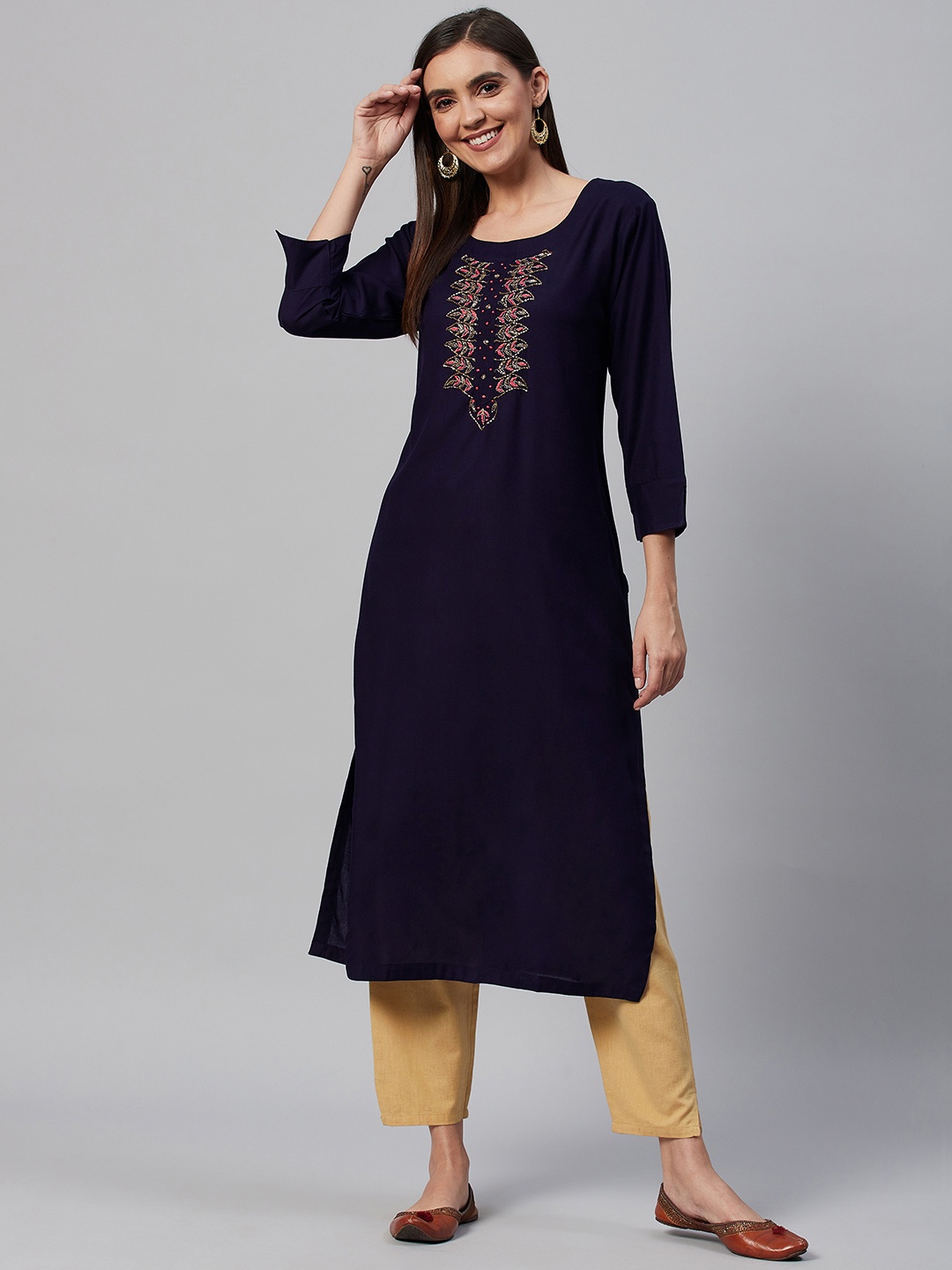 

HIGHLIGHT FASHION EXPORT Women Navy Blue Yoke Design Thread Work Kurta