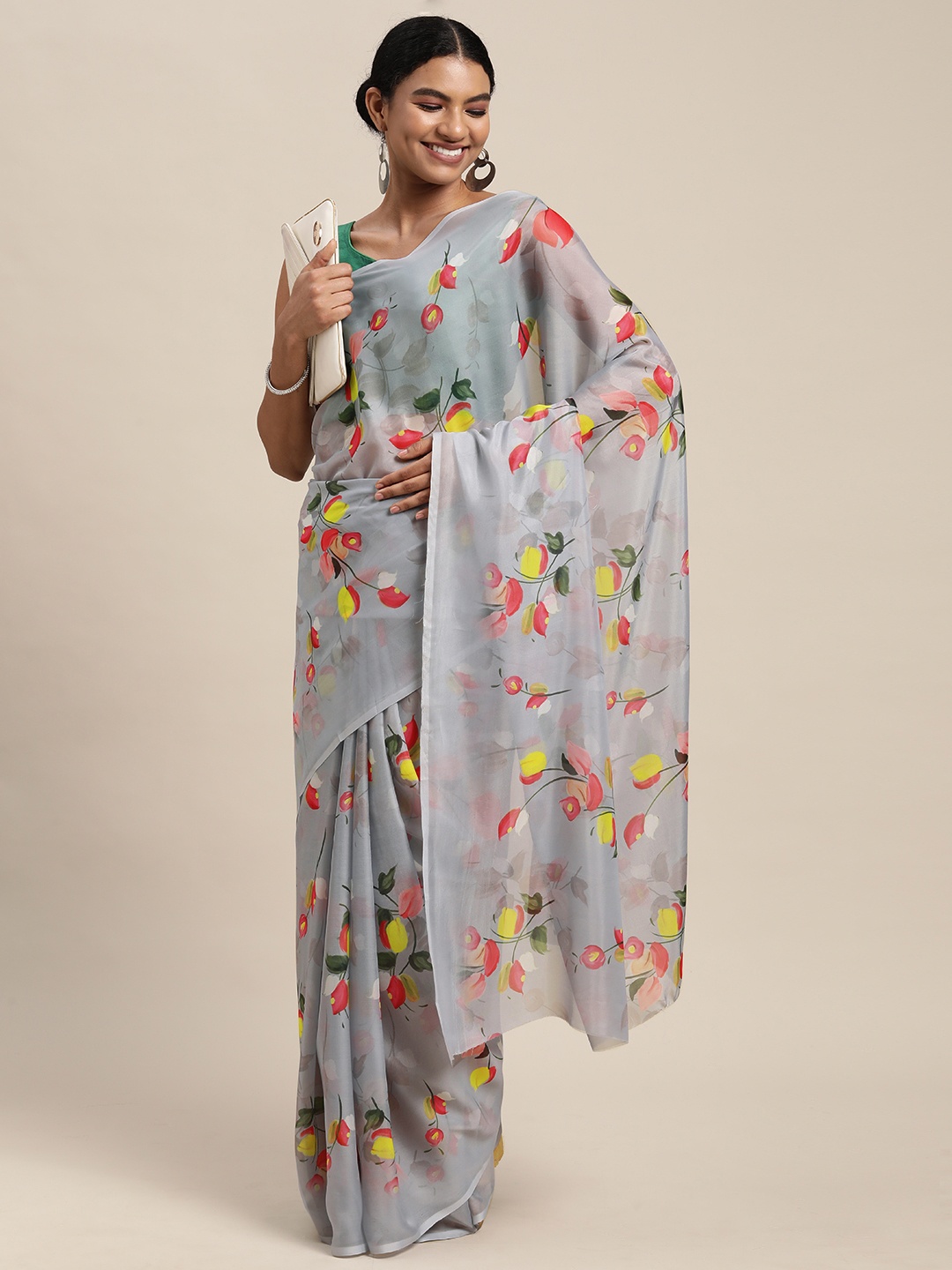 

Mitera Grey & Pink Floral Printed Pure Silk Saree