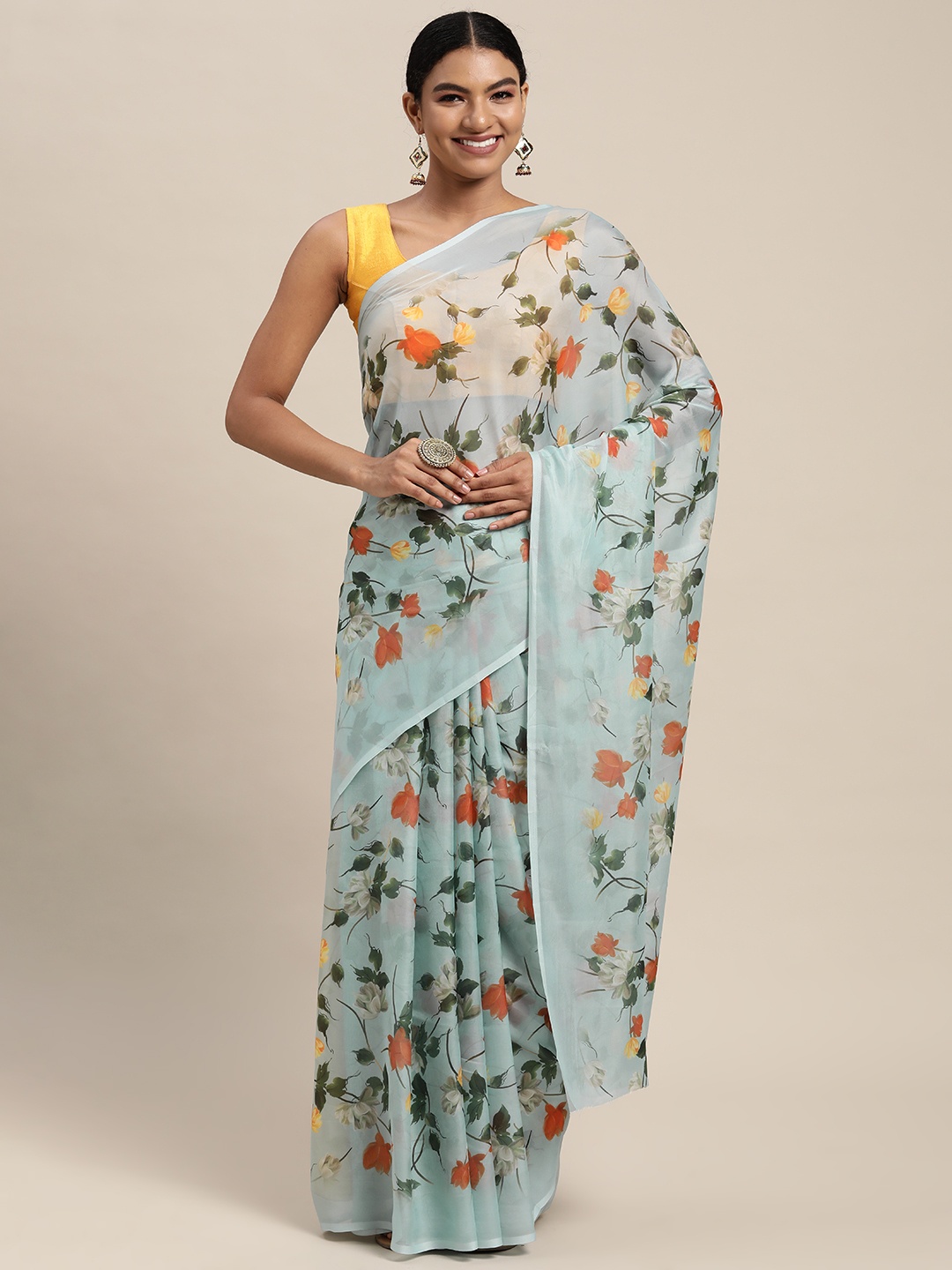 

Mitera Blue & Green Floral Print Pure Silk Saree