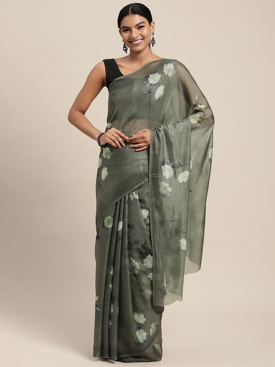 

Mitera Grey & White Floral Print Pure Silk Saree