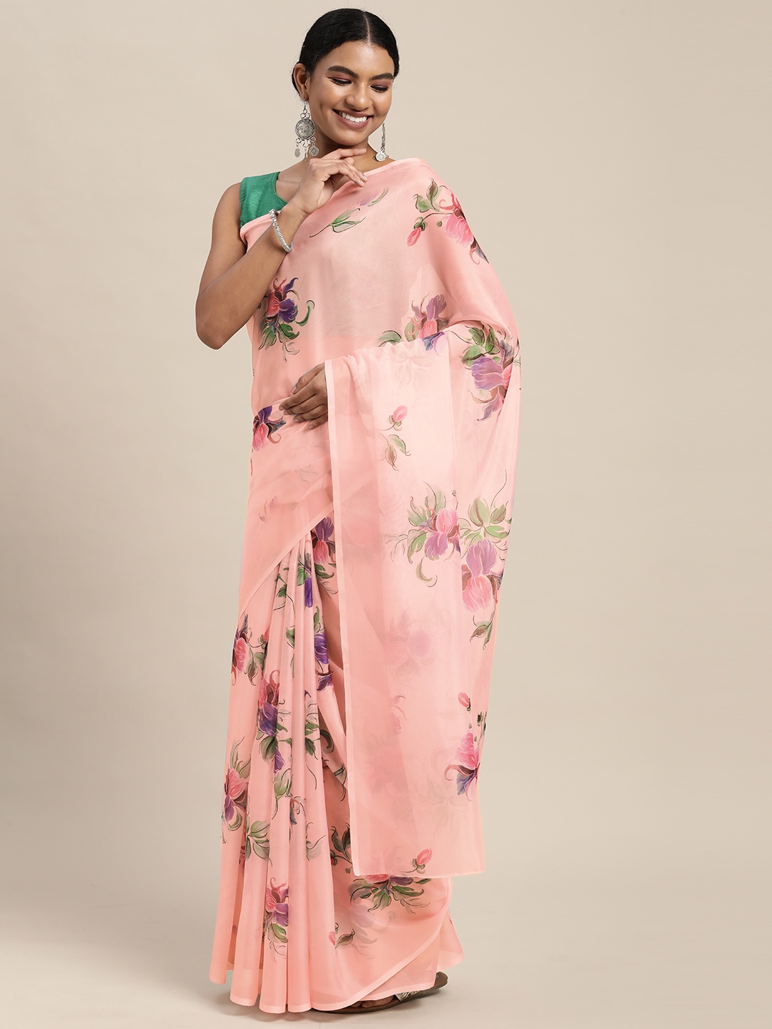 

Mitera Pink & Green Floral Print Pure Silk Saree