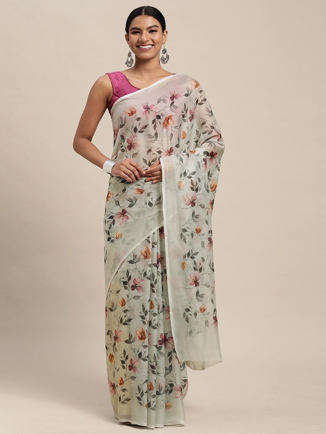 

Mitera Grey & Pink Floral Print Pure Silk Saree