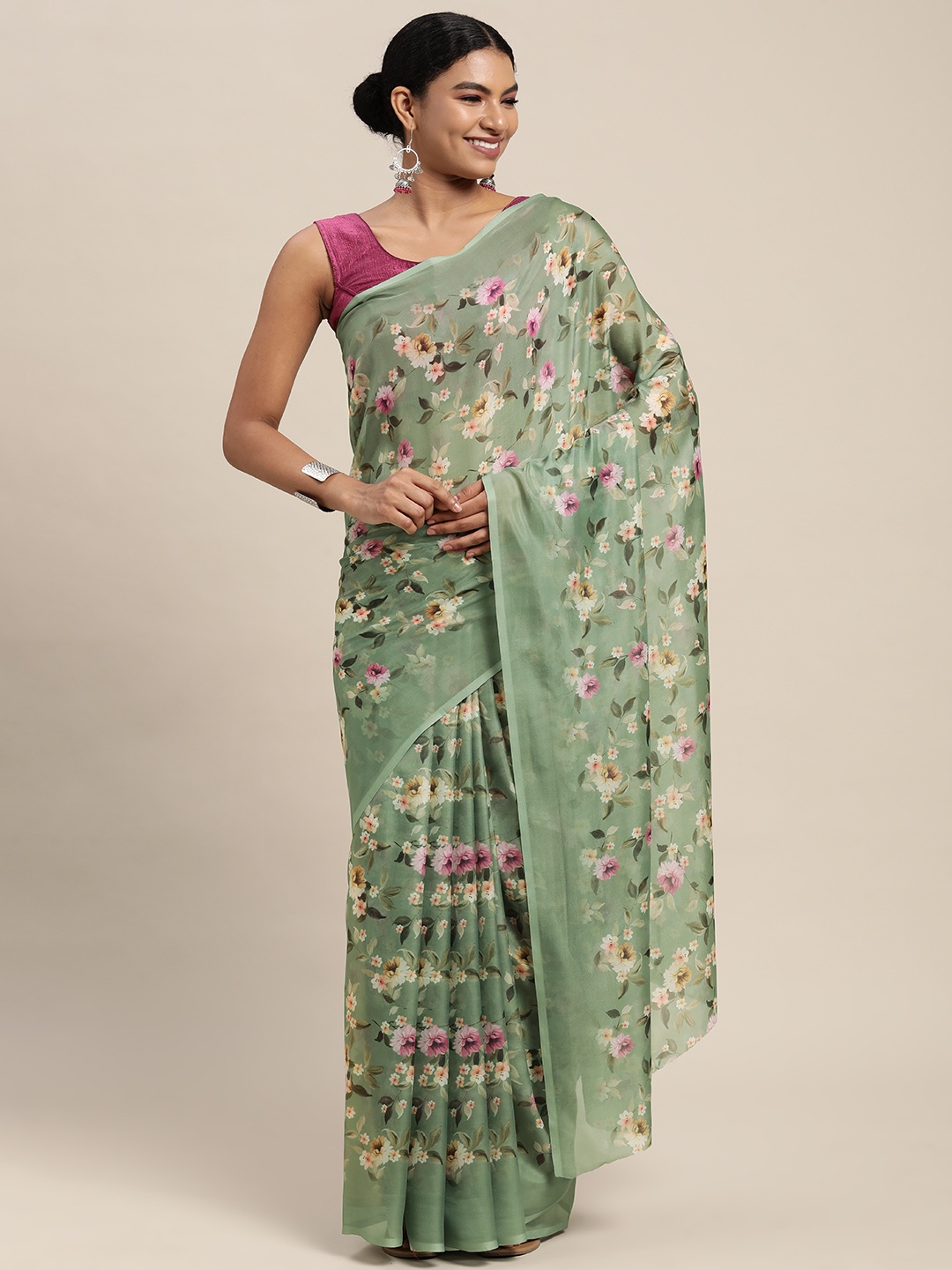 

Mitera Green & Pink Floral Print Pure Silk Saree