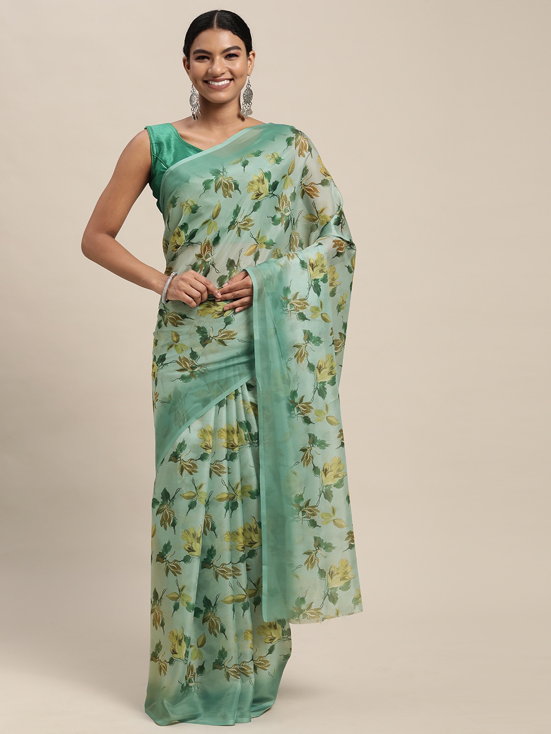 

Mitera Blue & Yellow Floral Print Pure Silk Saree