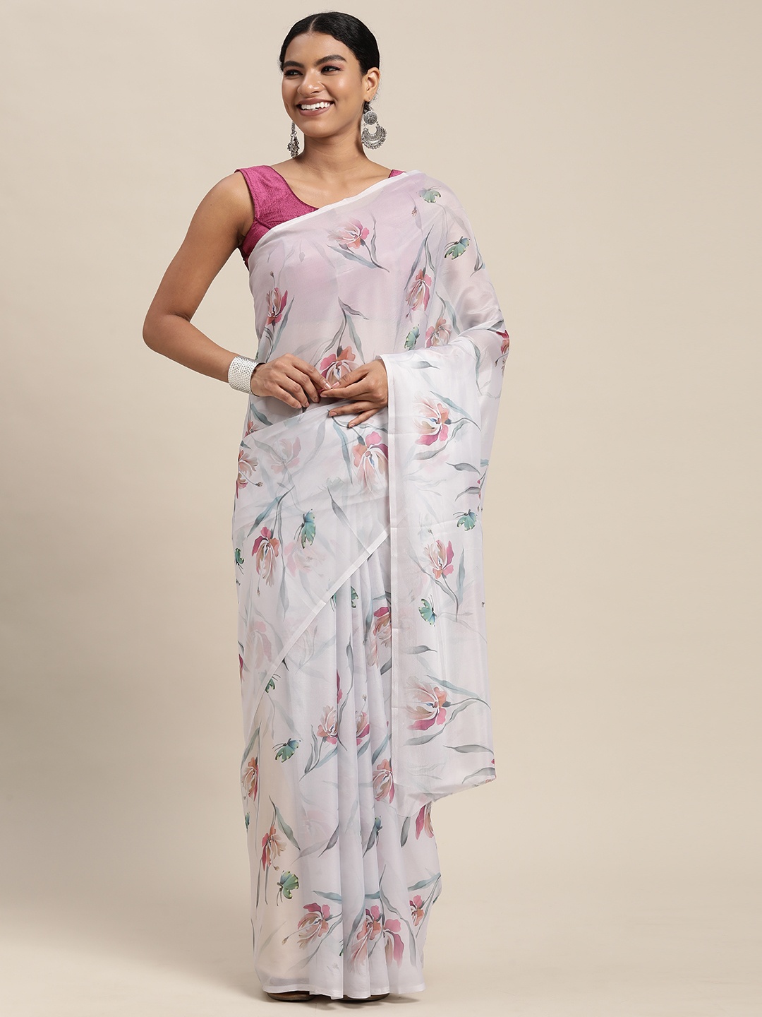 

Mitera Pink & Green Floral Print Pure Silk Saree