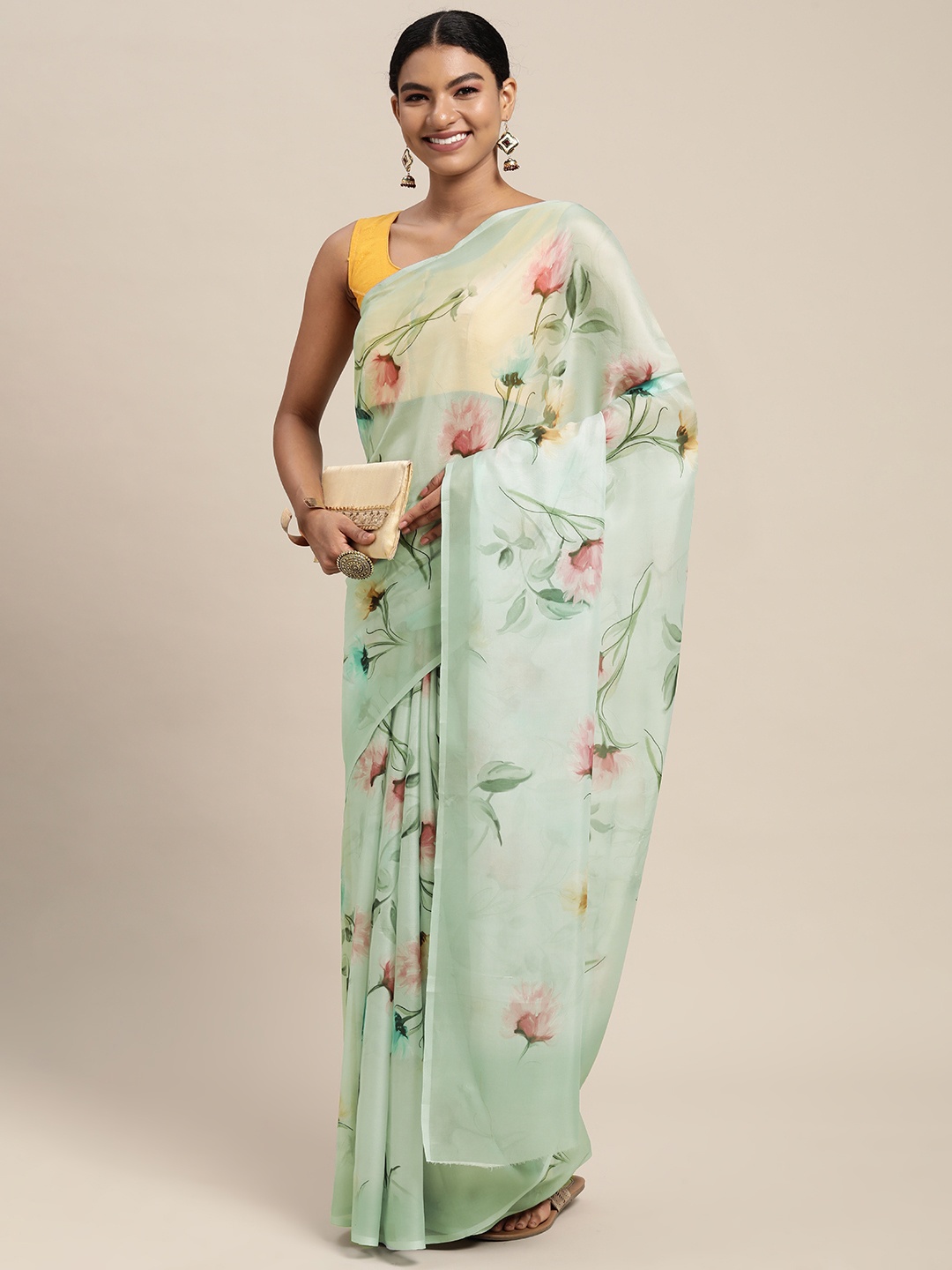 

Mitera Blue & Pink Floral Print Pure Silk Saree
