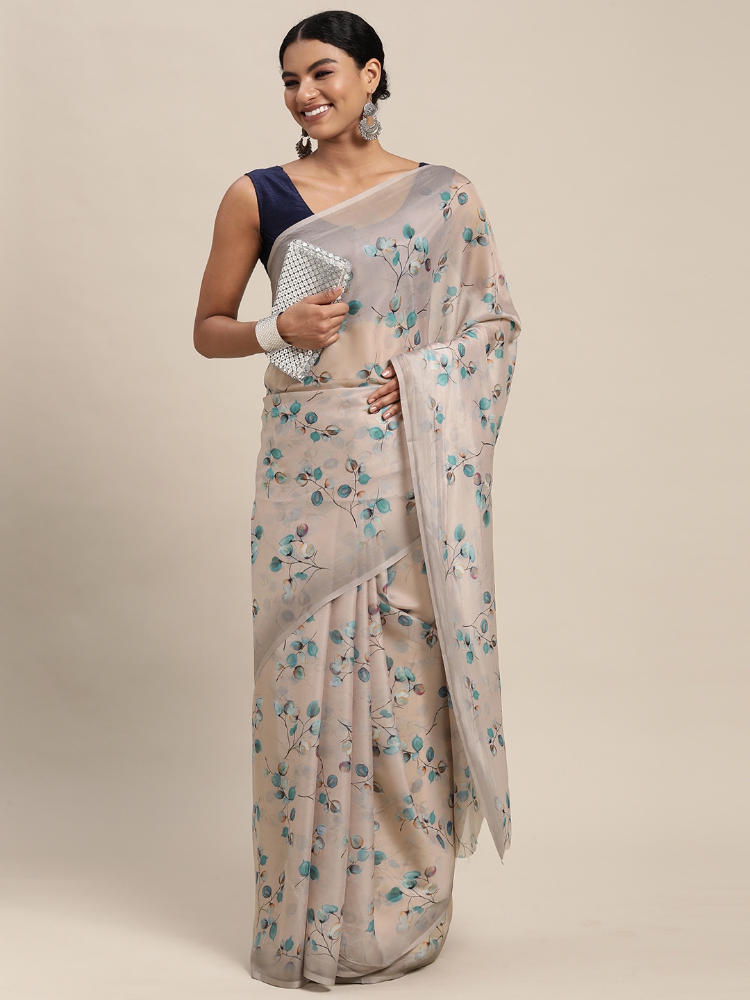 

Mitera Pink & Blue Floral Print Pure Silk Saree