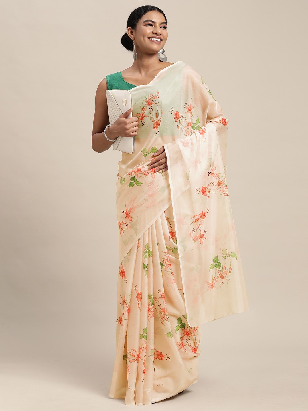 

Mitera Pink & Green Floral Print Pure Silk Saree