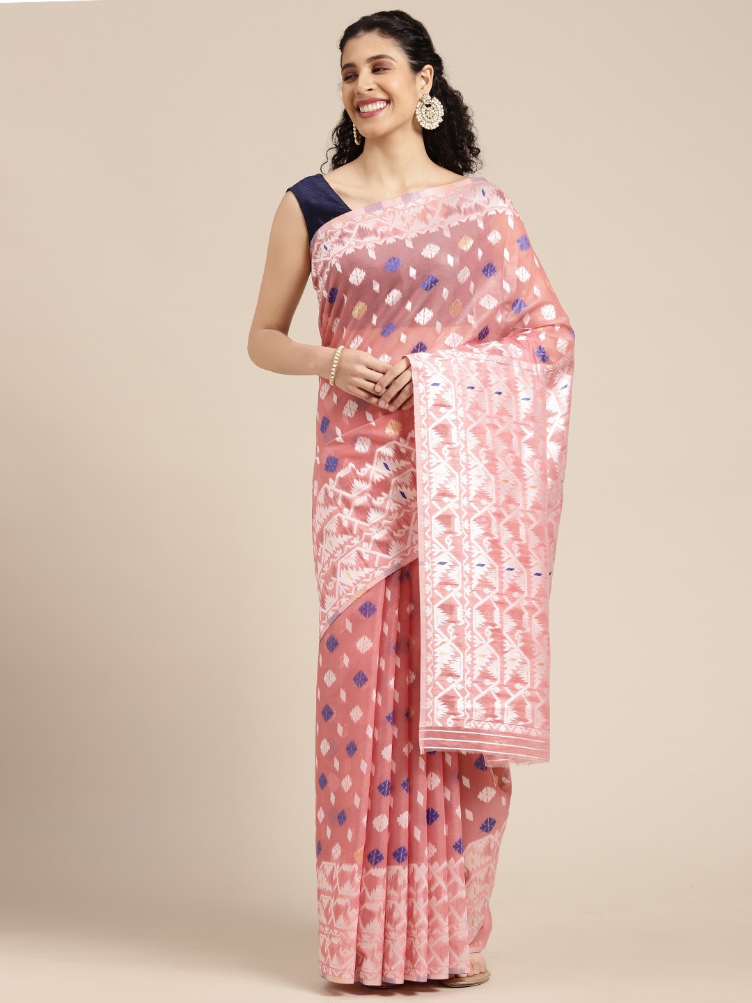 

Mitera Rose & White Woven Design Jamdani Saree