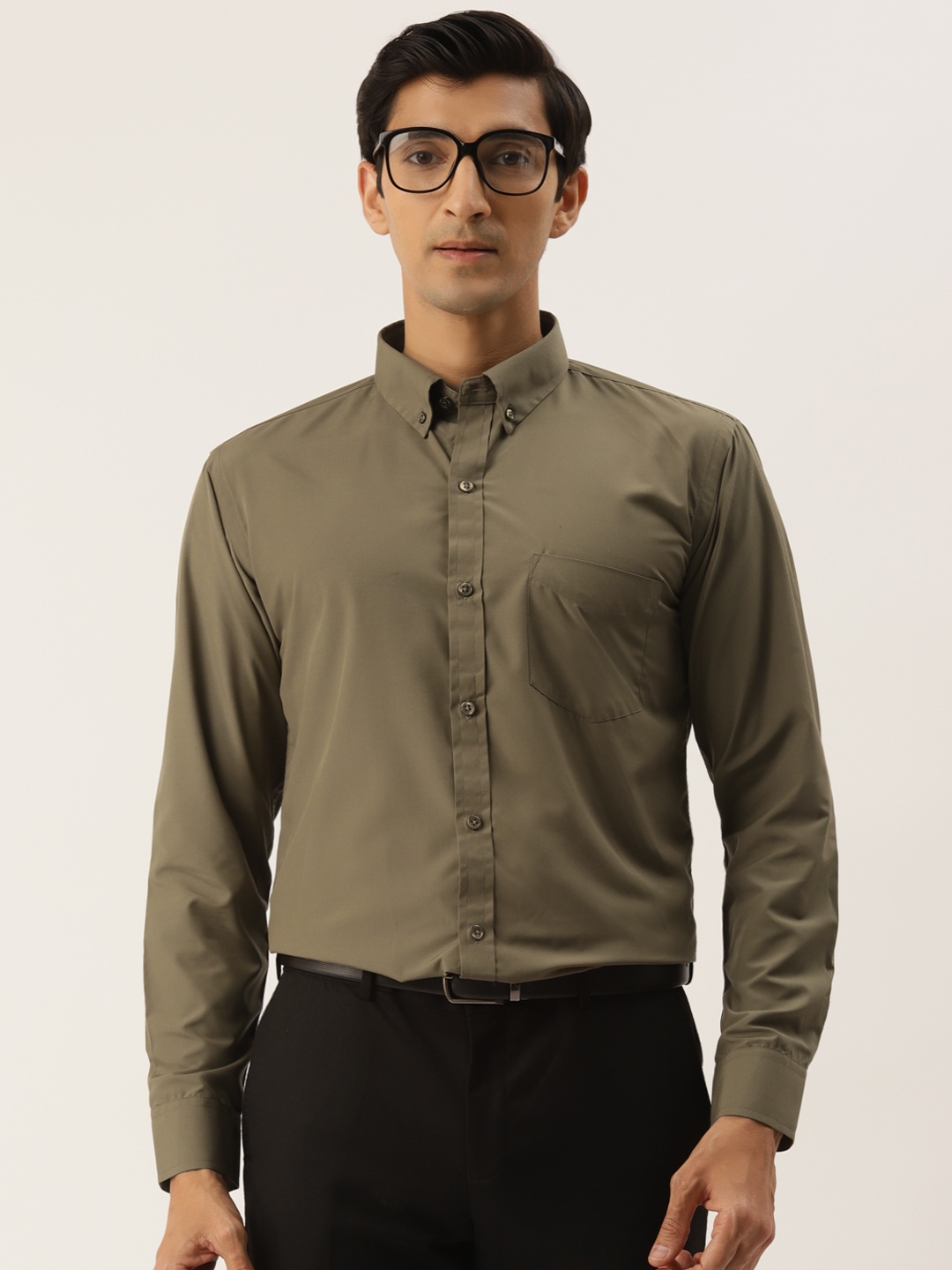 

English Navy Men Olive Green Solid Slim Fit Formal Shirt