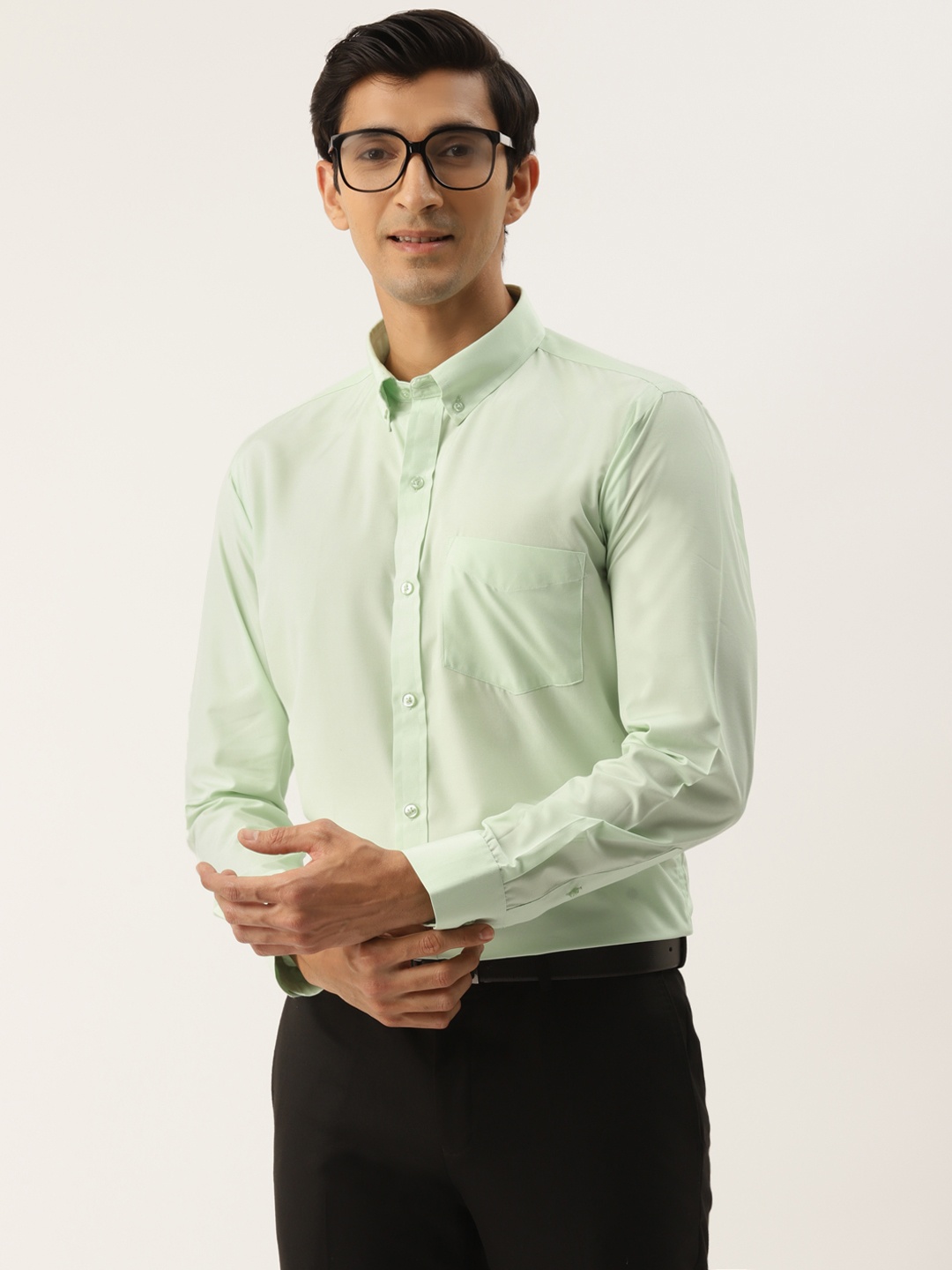 

English Navy Men Green Solid Slim Fit Formal Shirt