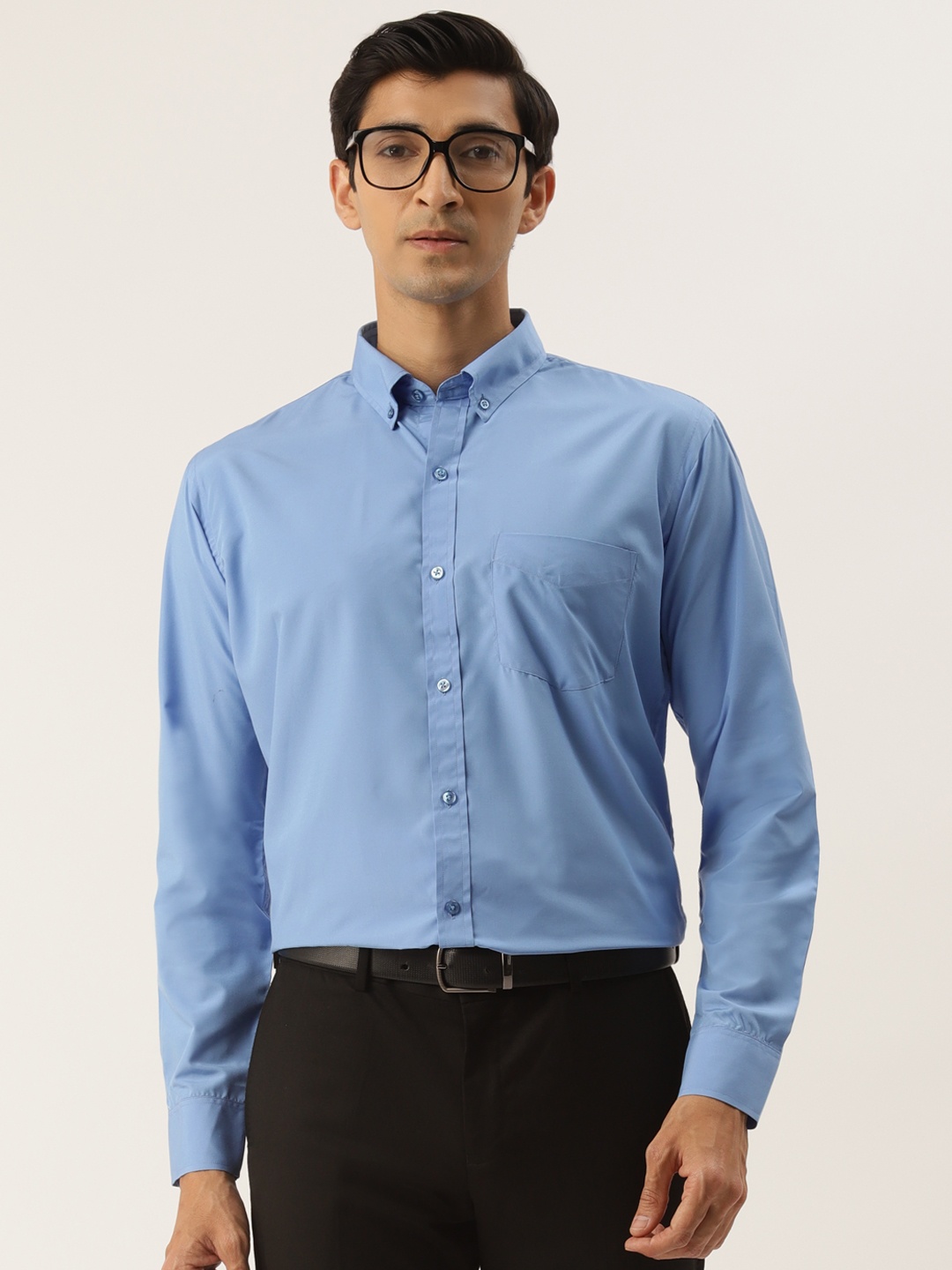 

English Navy Men Blue Solid Slim Fit Formal Shirt