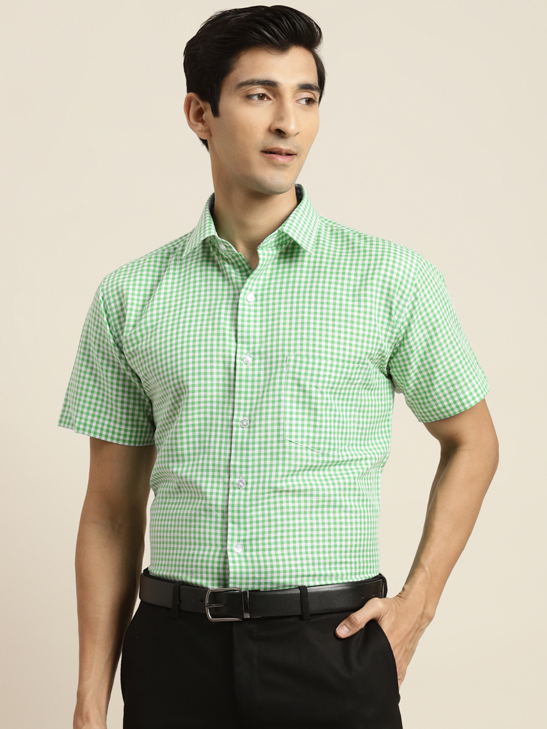 

Hancock Men Green & White Pure Cotton Slim Fit Checked Formal Shirt