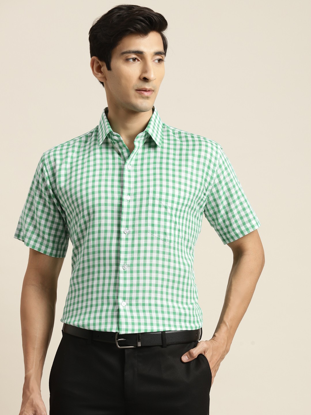 

Hancock Men Green & White Pure Cotton Slim Fit Checked Formal Shirt