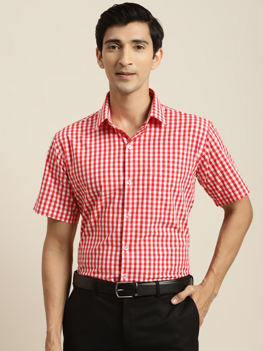 

Hancock Men Red & White Checked Slim Fit Pure Cotton Formal Shirt