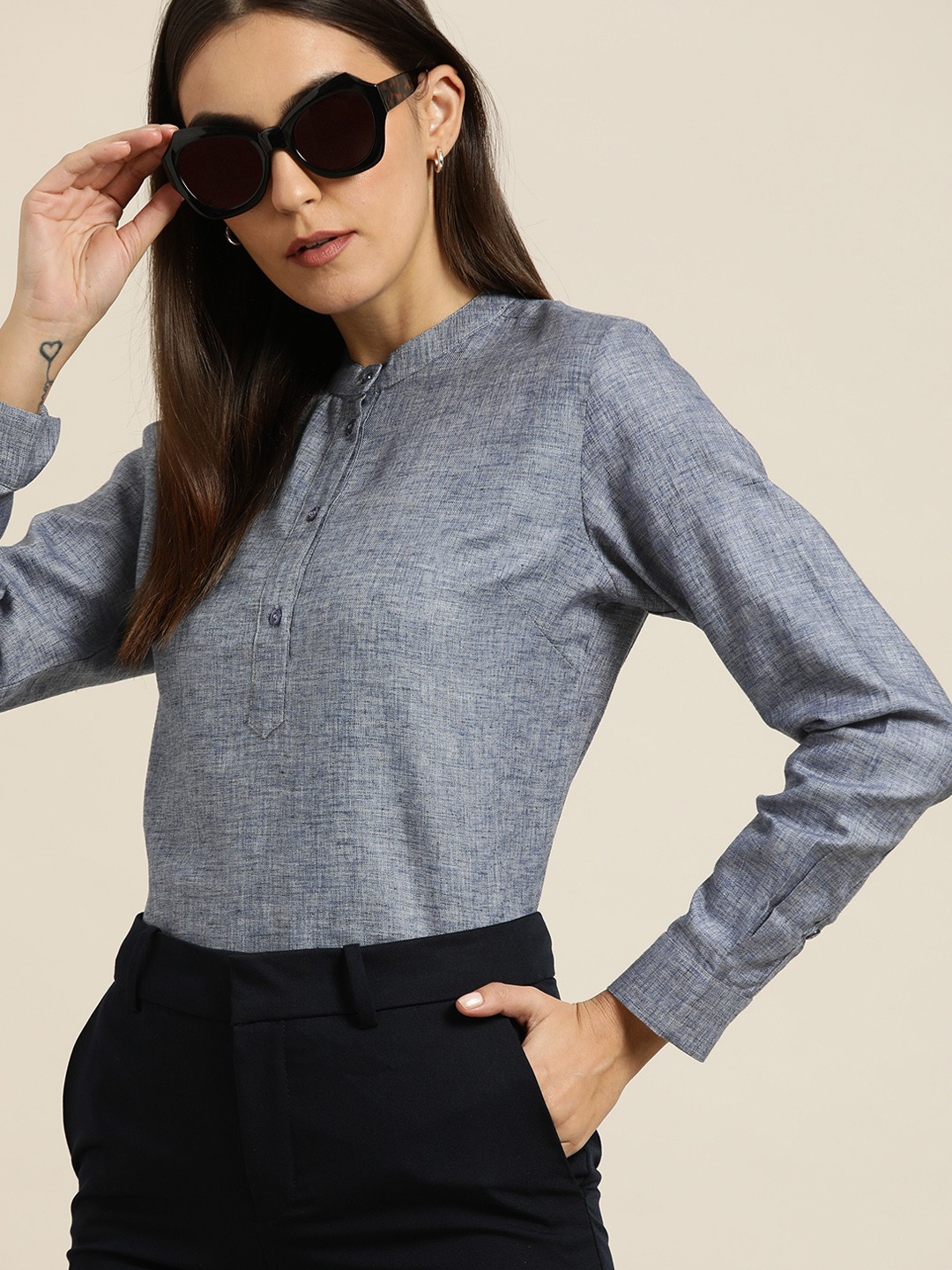 

Hancock Women Blue Self Design Mandarin Collar Pure Cotton Shirt Style Formal Top