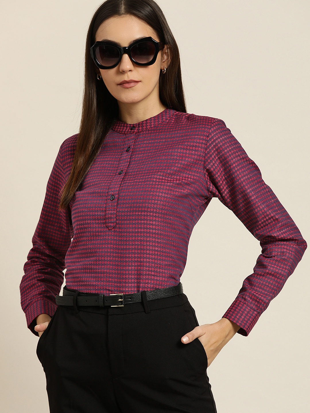 

Hancock Maroon & Navy Blue Checked Mandarin Collar Top