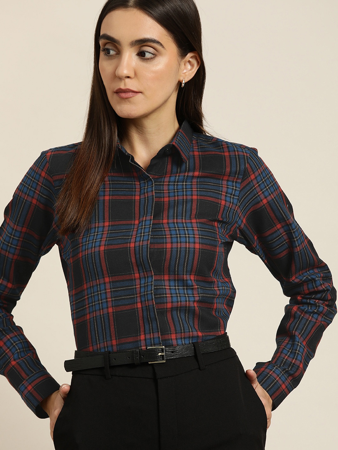

Hancock Women Black & Blue Slim Fit Pure Cotton Tartan Plaid Check Casual Shirt