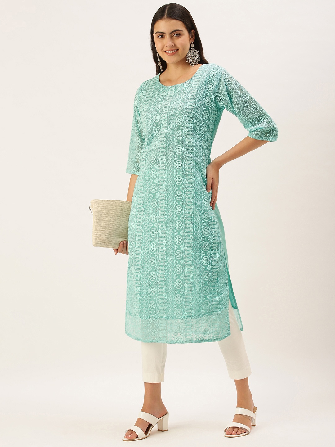 

SWAGG INDIA Women Turquoise Blue Ethnic Motifs Embroidered Chikankari Straight Kurta