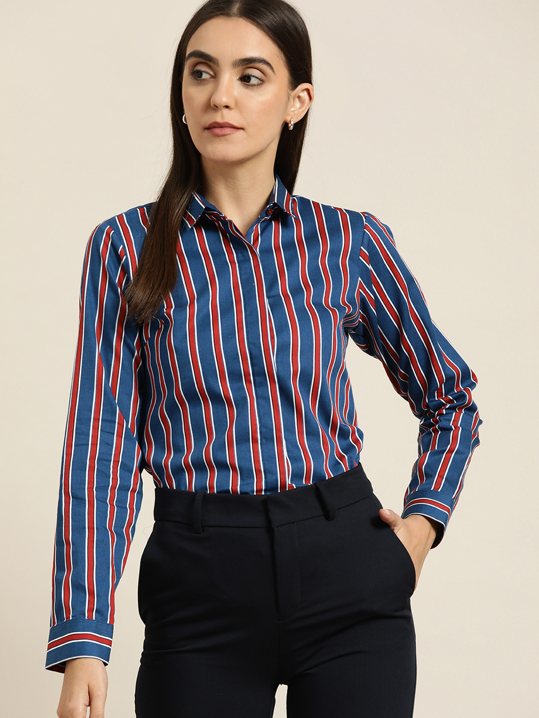 

Hancock Women Blue Slim Fit Striped Pure Cotton Formal Shirt